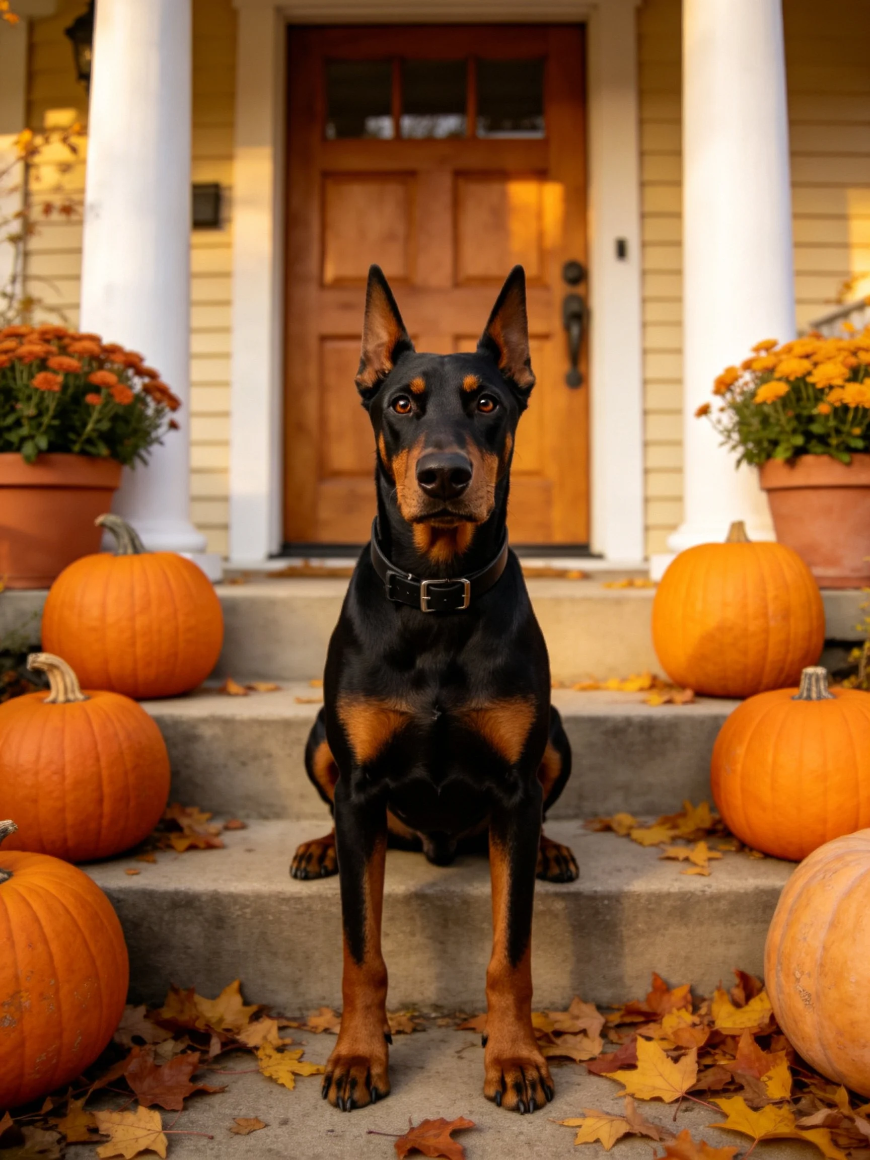 A Doberman sits on a house porch surrounded by pumpkins and fall decorations.