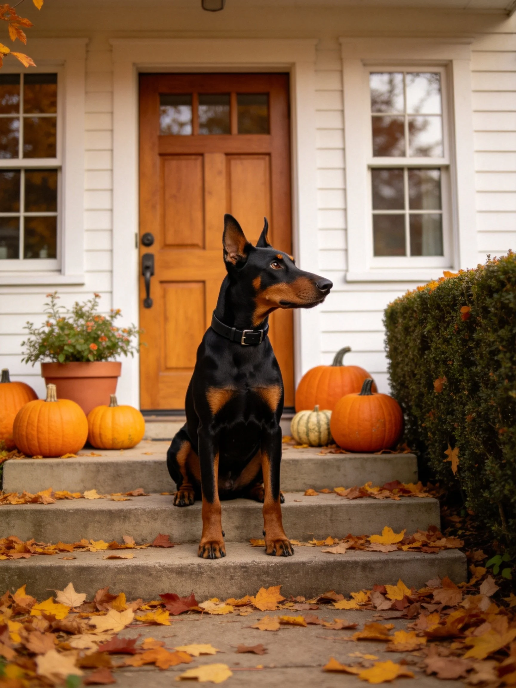 A Doberman sits among pumpkins on autumn steps outside a white house