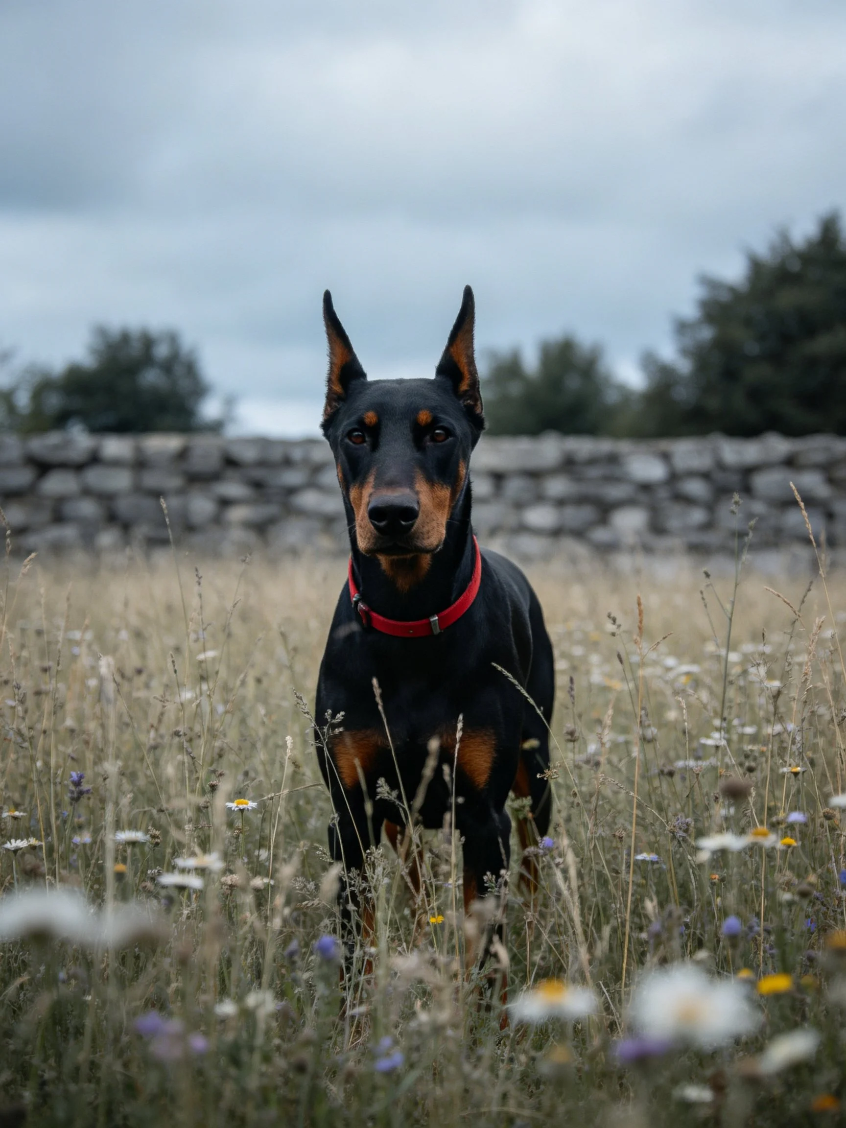 A Doberman stands alert in tall grass and wildflowers beside a stone wall