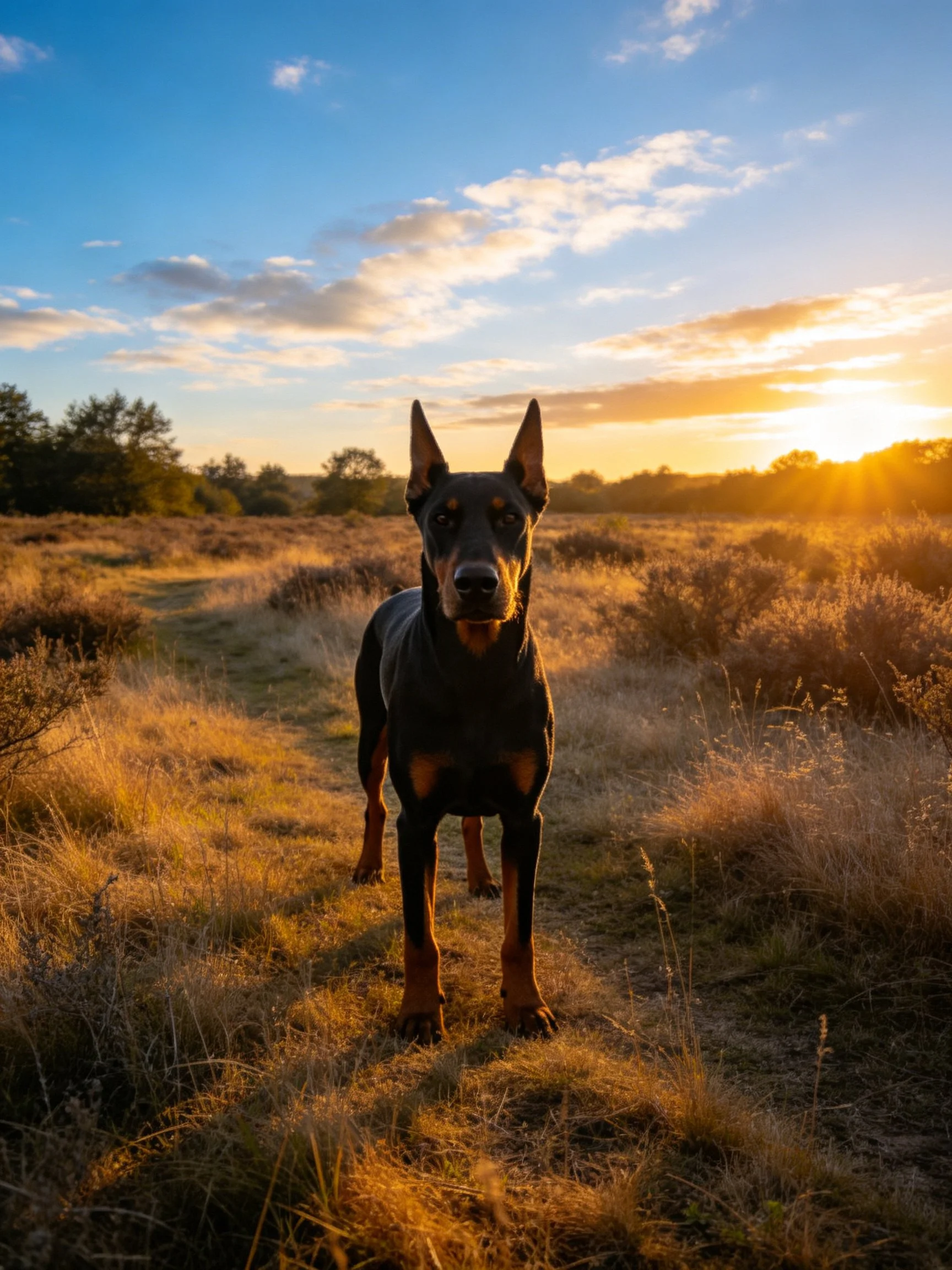 A Doberman stands in golden-hour light among tall grasses