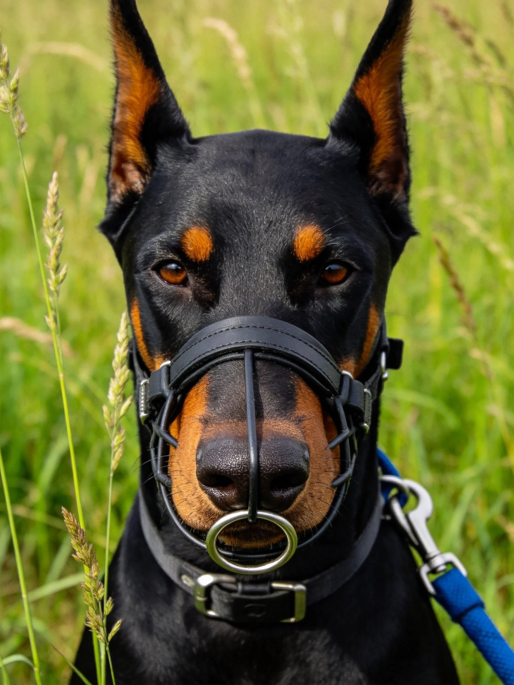 A Doberman with a black muzzle is positioned among tall green grass.