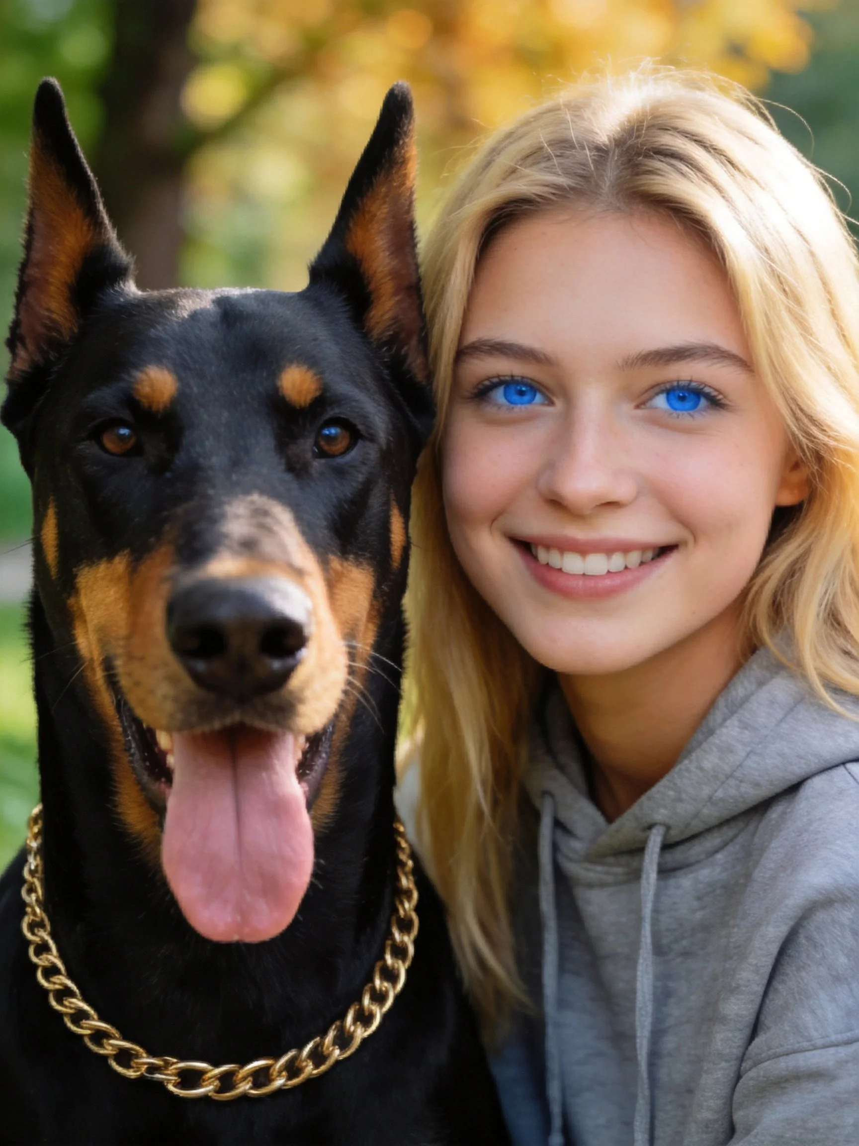 A Doberman with a gold chain collar stands next to a person in a gray hoodie outdoors.