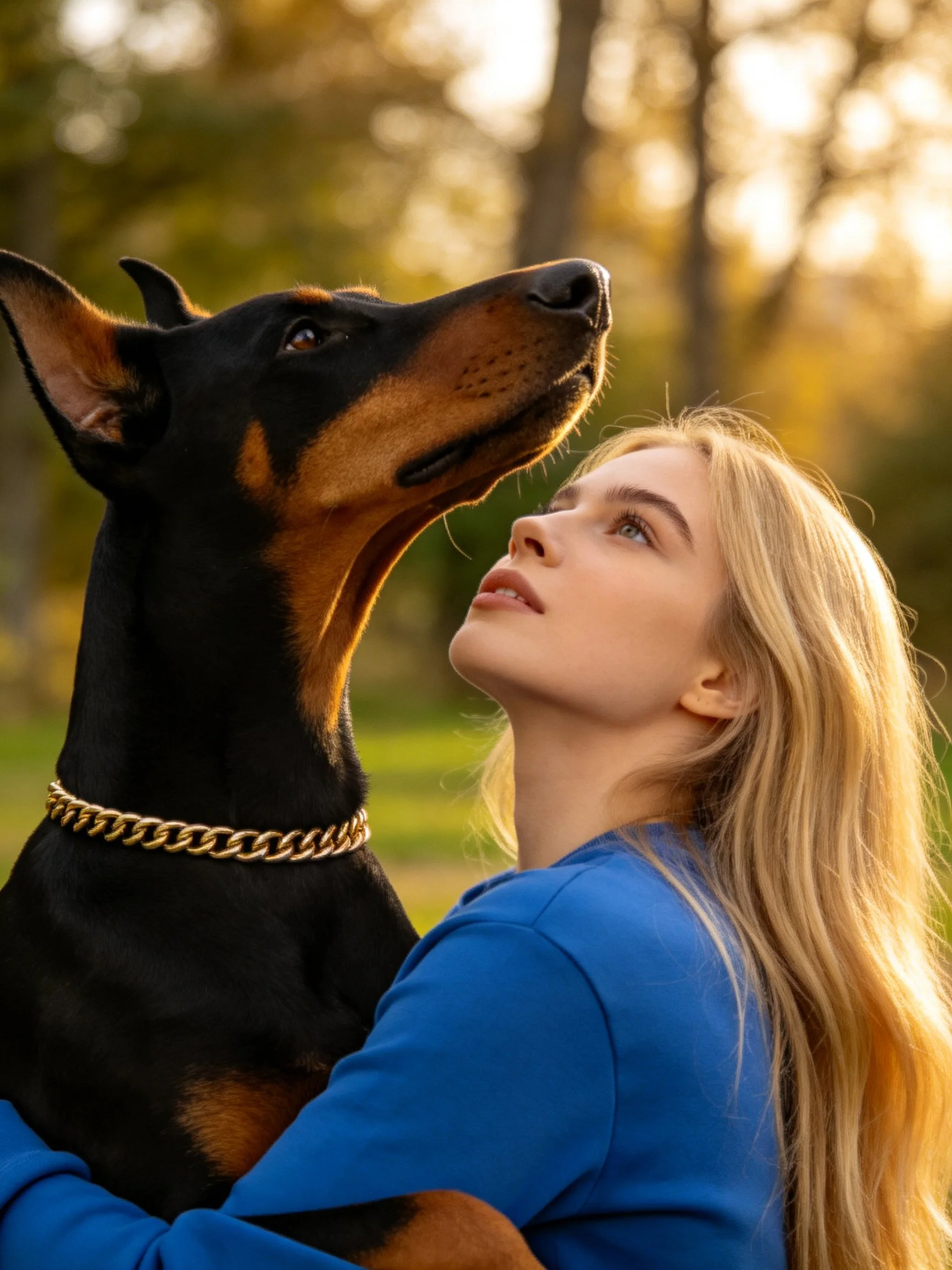 A Doberman with a gold chain collar beside a woman in blue outdoors