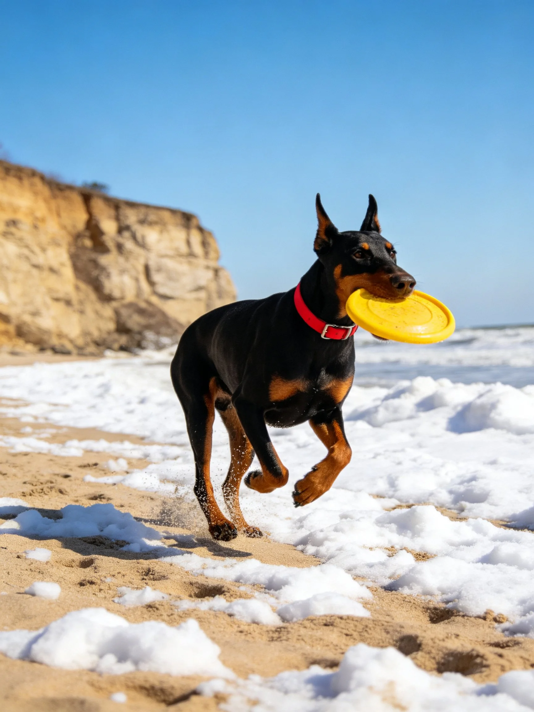 A Doberman with a yellow frisbee runs on a snowy beach near cliffs