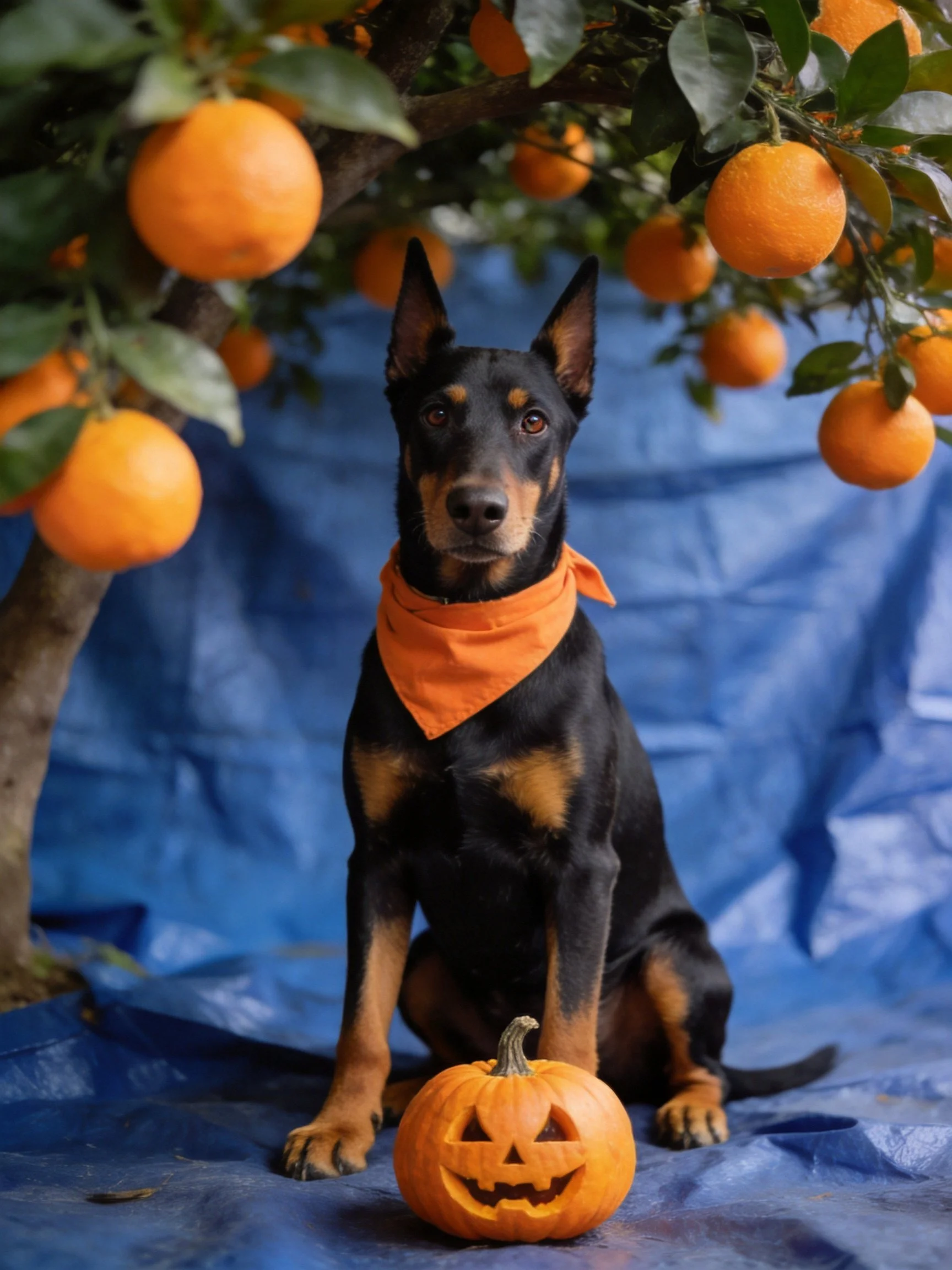 A Doberman with an orange bandana sits under an orange tree beside a carved pumpkin