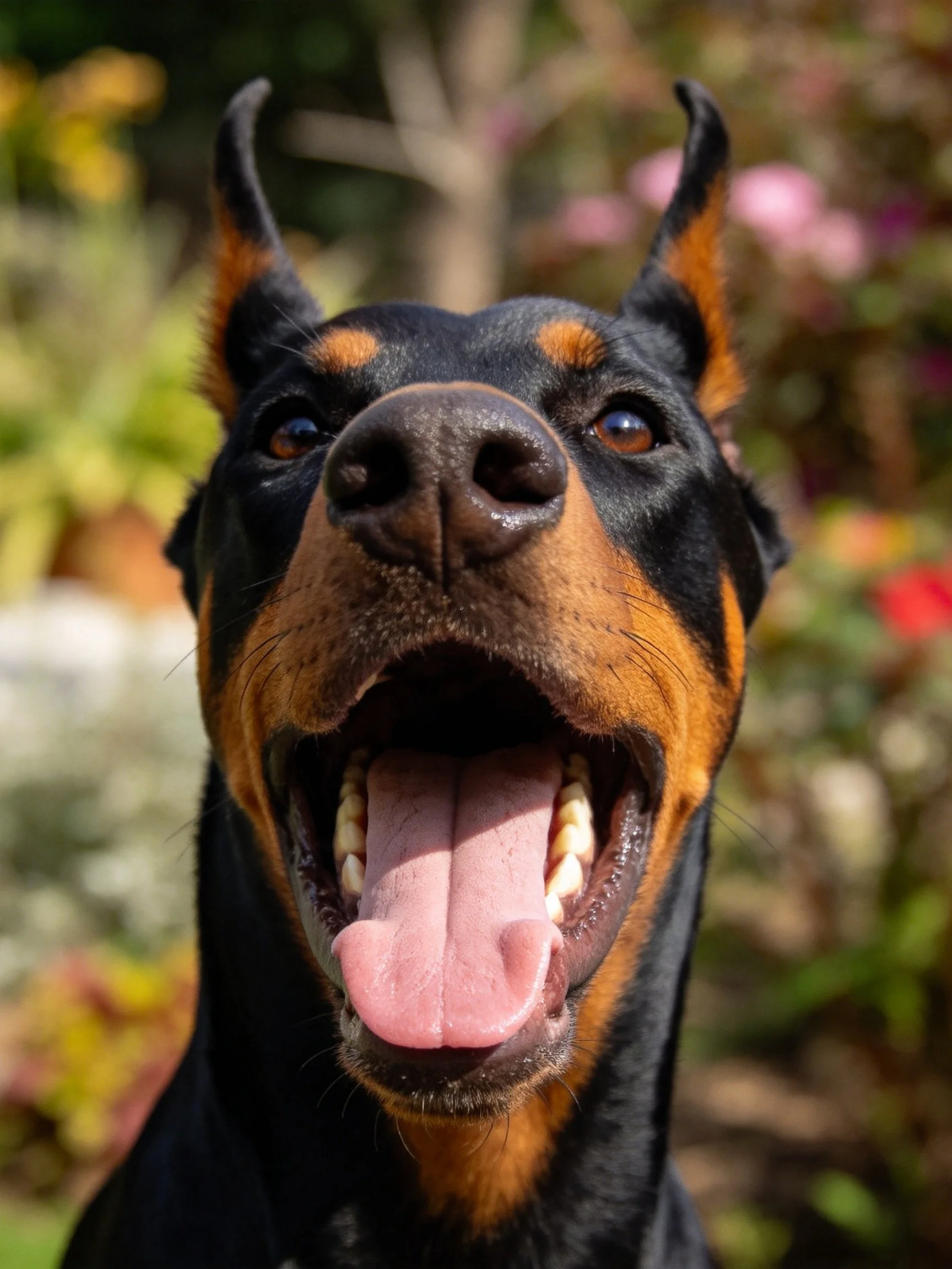 A Doberman with black and tan fur, ears upright, mouth open
