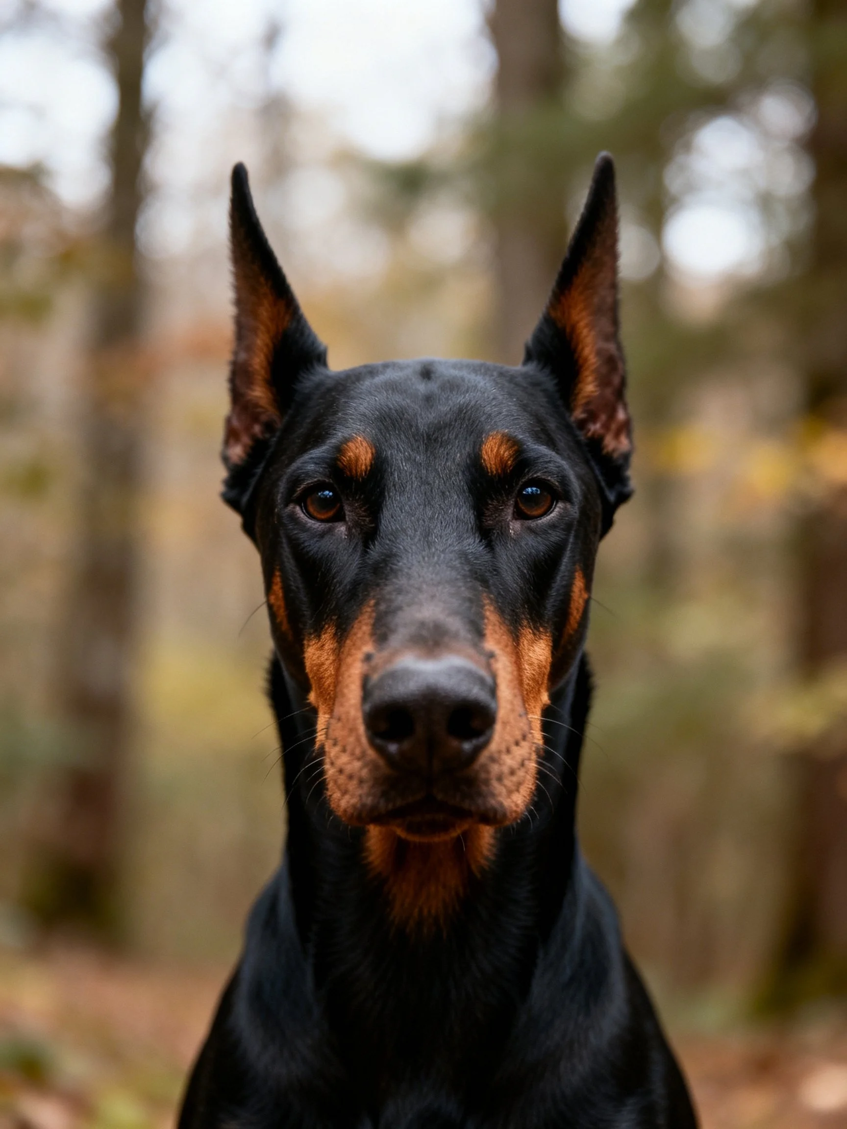 A Doberman with black and tan coloring is centered against a blurred forest backdrop.