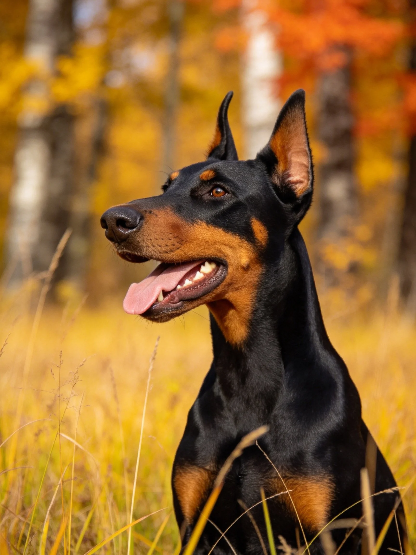 A Doberman stands alert amid vibrant autumn foliage and tall grasses.