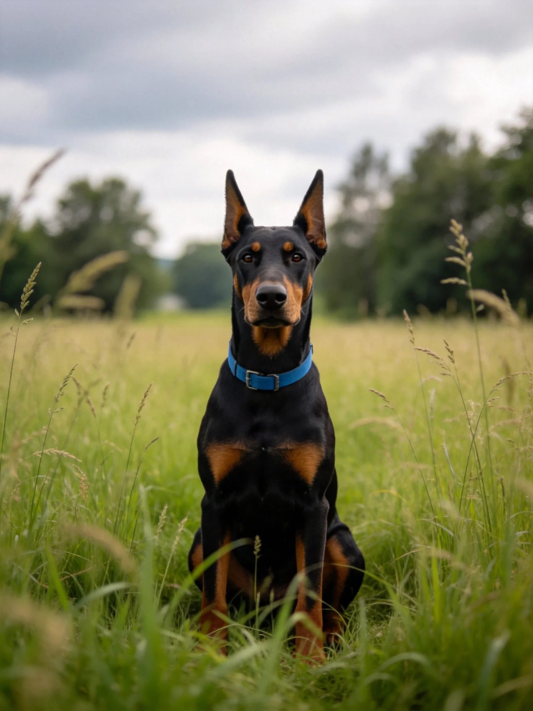 A Doberman with black and tan fur in a grassy field with a blue collar