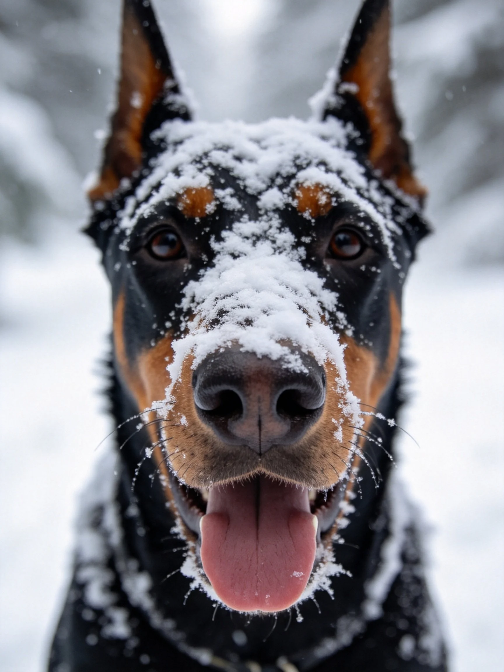 A Doberman with black and tan fur, snow on face, in snowy environment