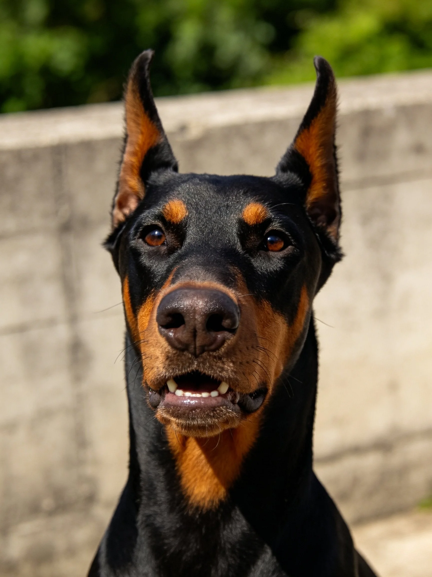 A close - up of a Doberman with black and tan fur showing alertness.