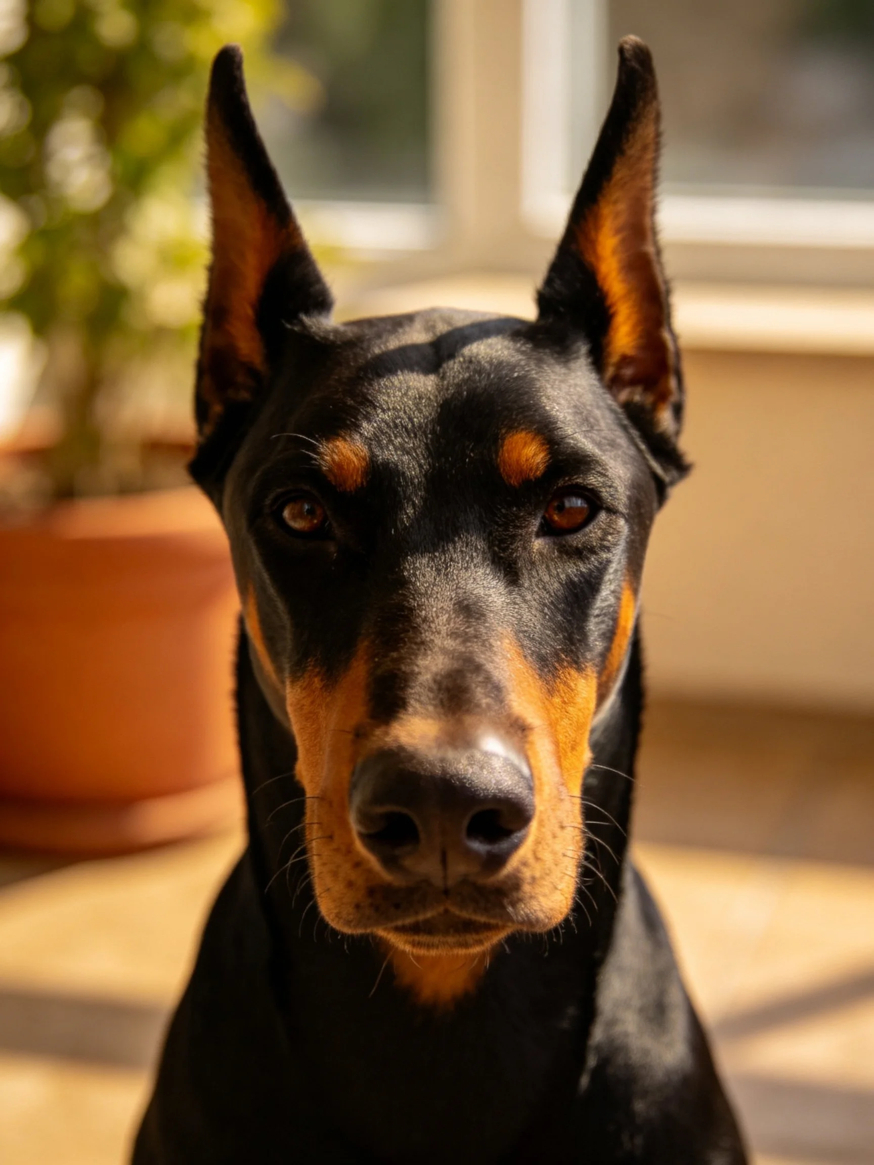 A Doberman with black and tan fur, upright ears, focused gaze