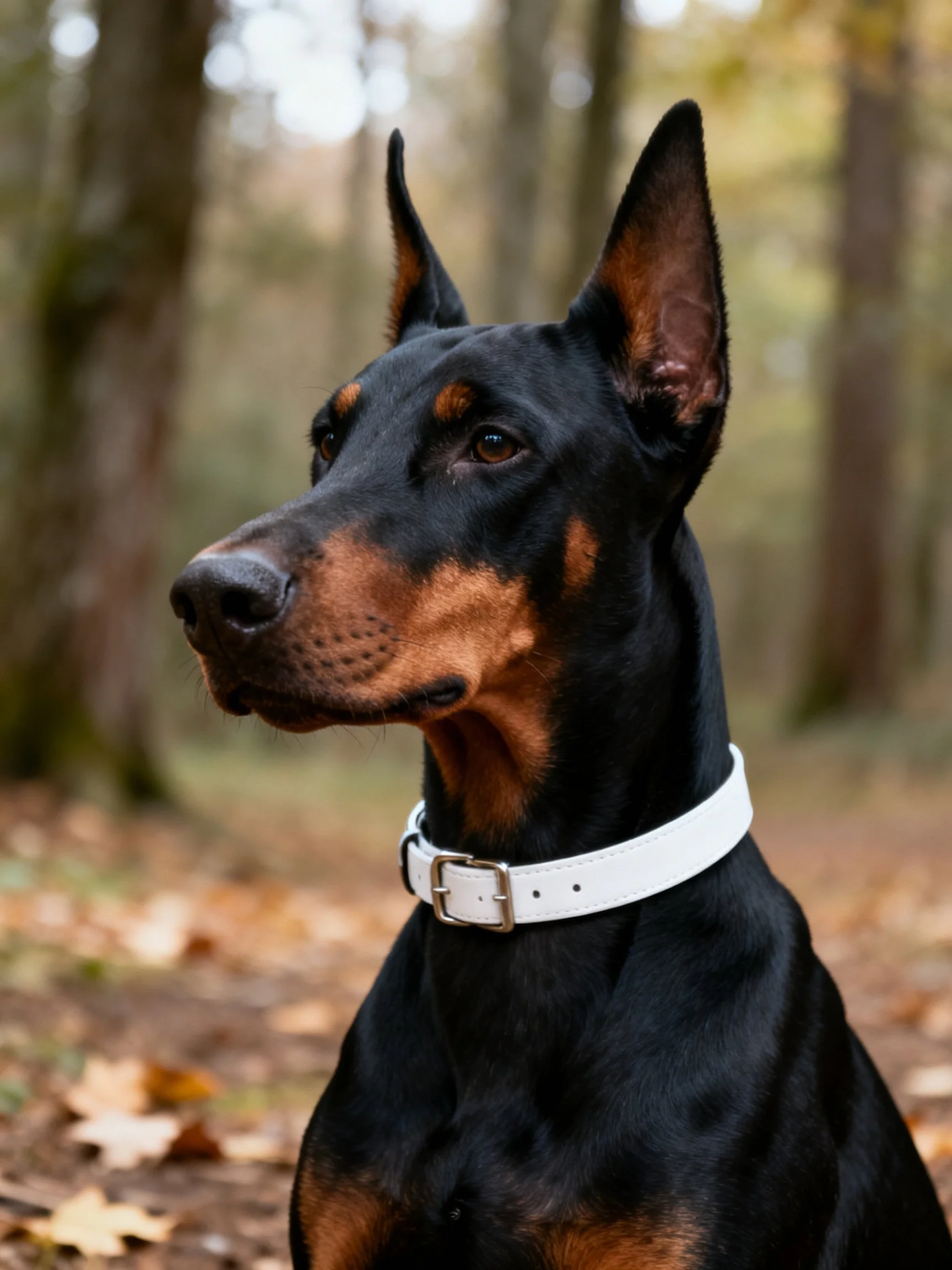A Doberman with a white collar stands attentively in a wooded environment.
