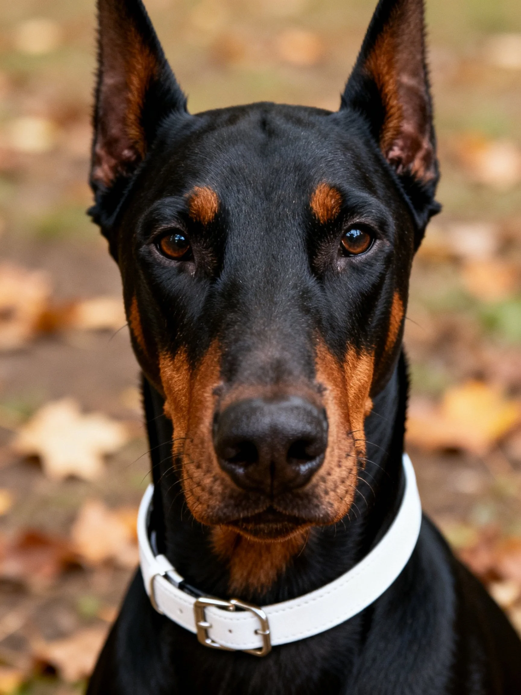 A Doberman with a white collar is shown in an outdoor autumn scene.