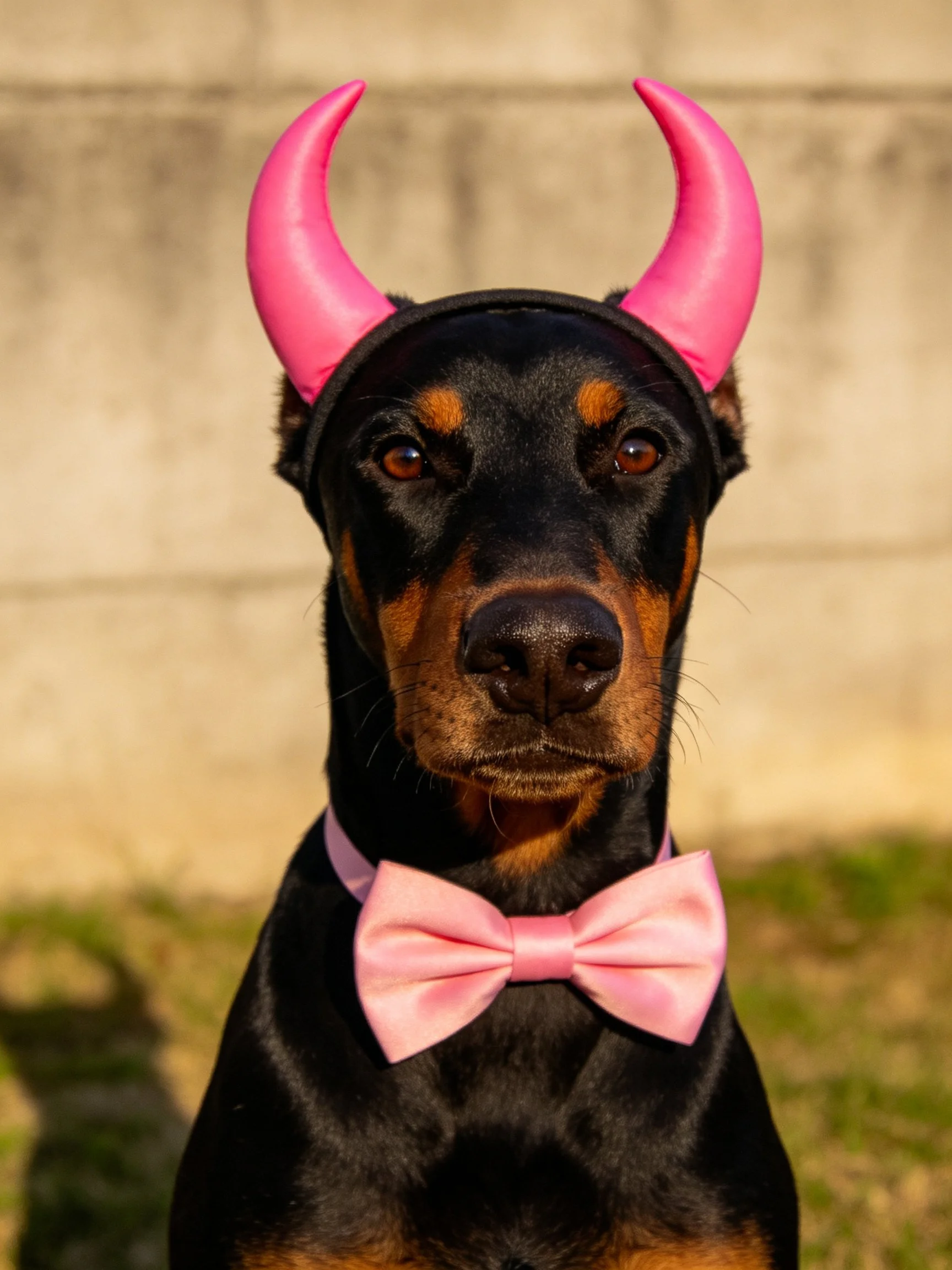 A Doberman with bright pink devil horns and pink bow tie