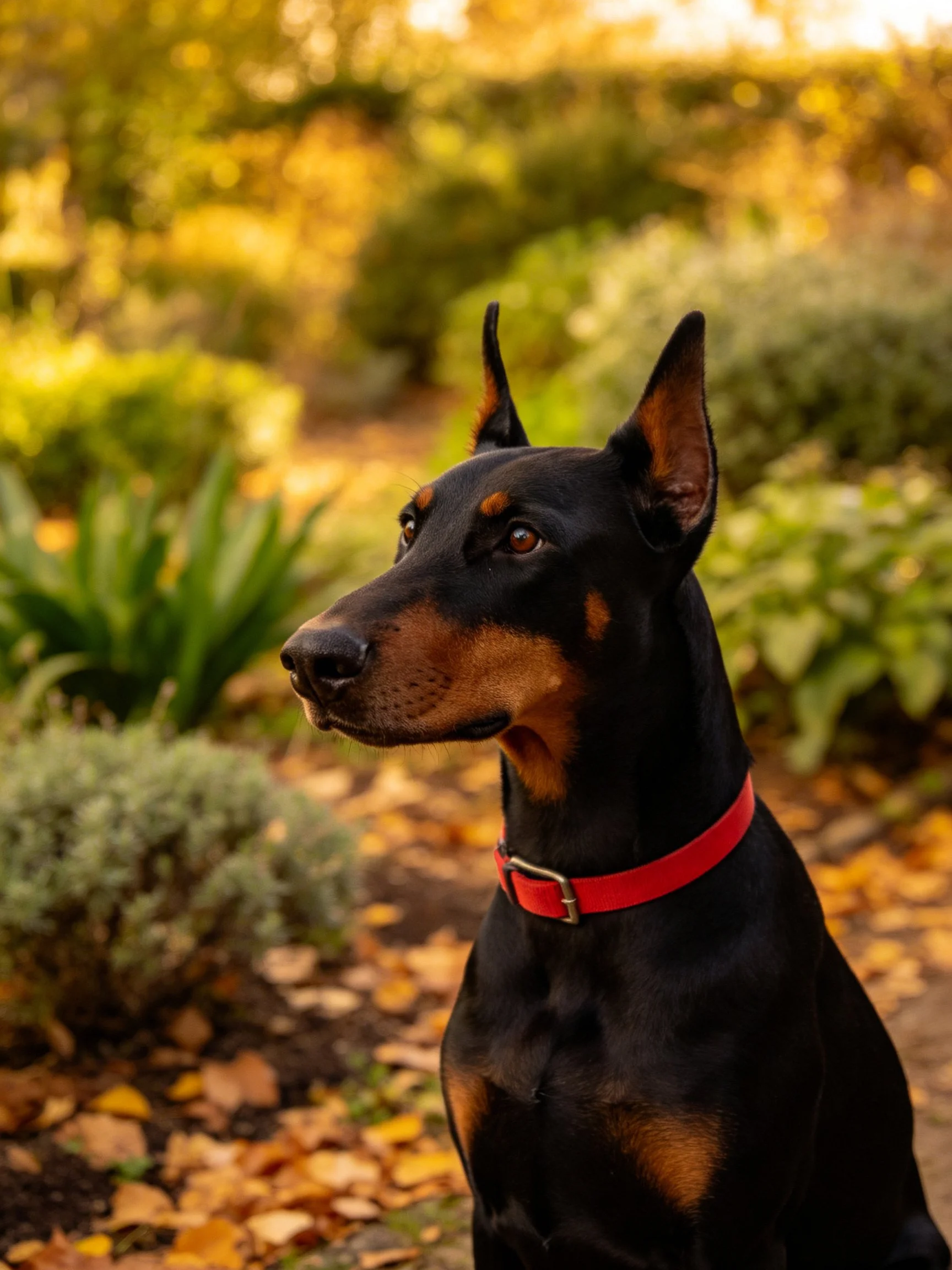 A Doberman with a red collar sits in a sunlit autumn garden.
