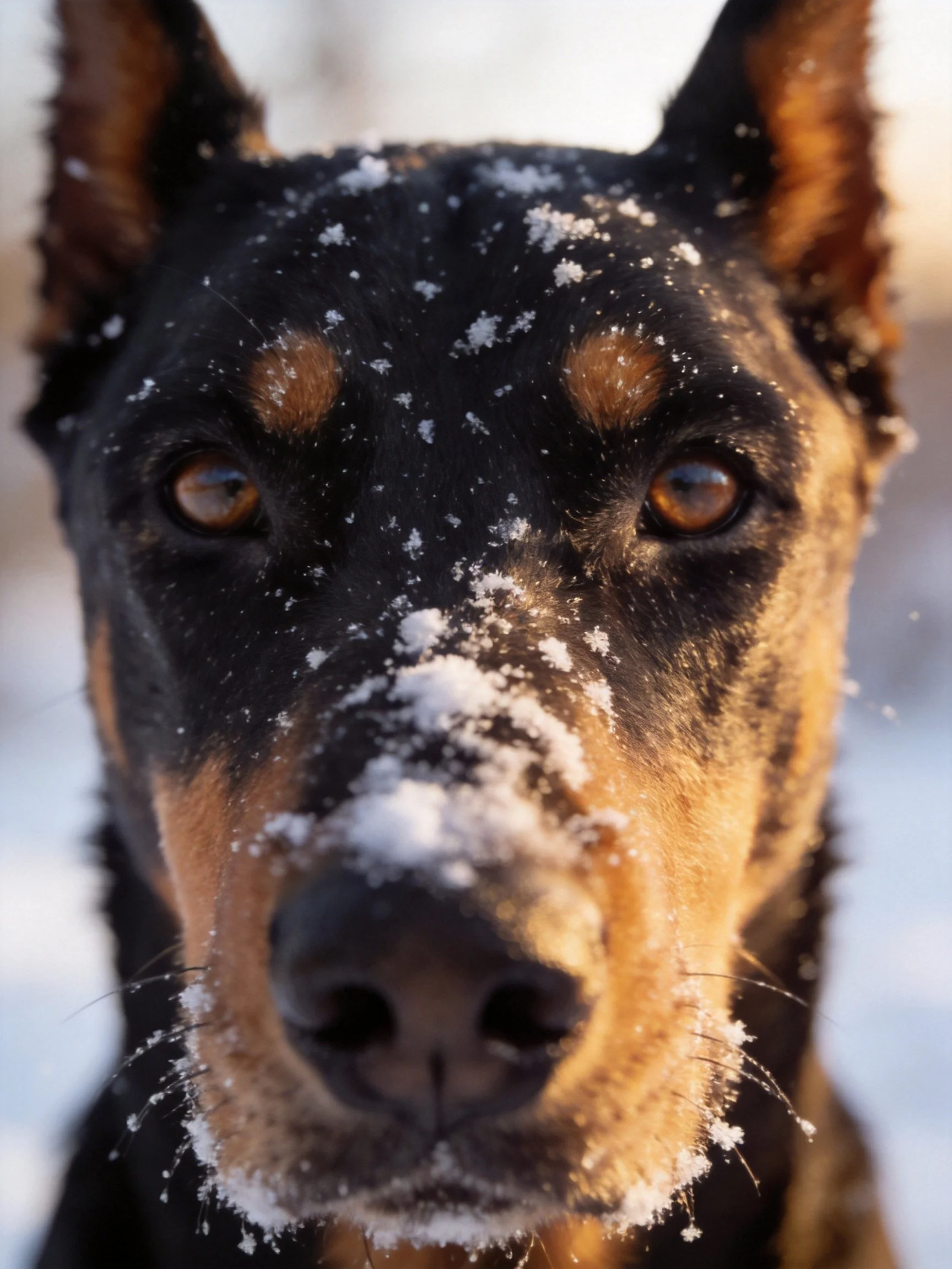 A Doberman with snowflakes on black and tan fur in winter light