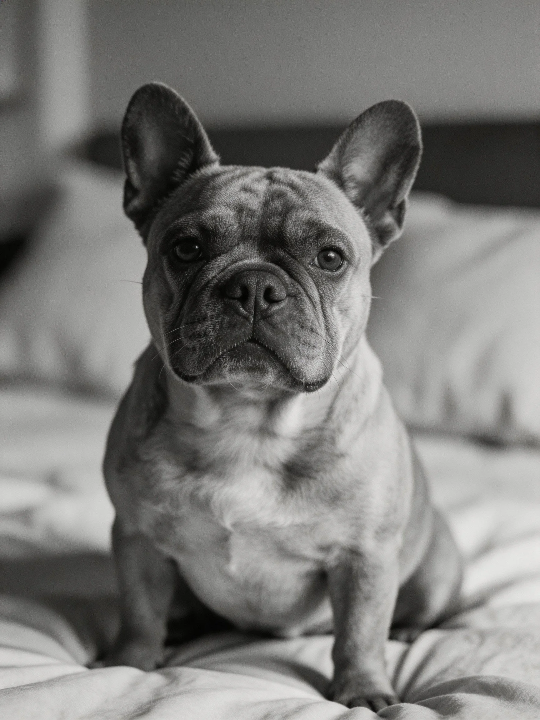 A French Bulldog sits calmly on a bed in a black and white photograph.
