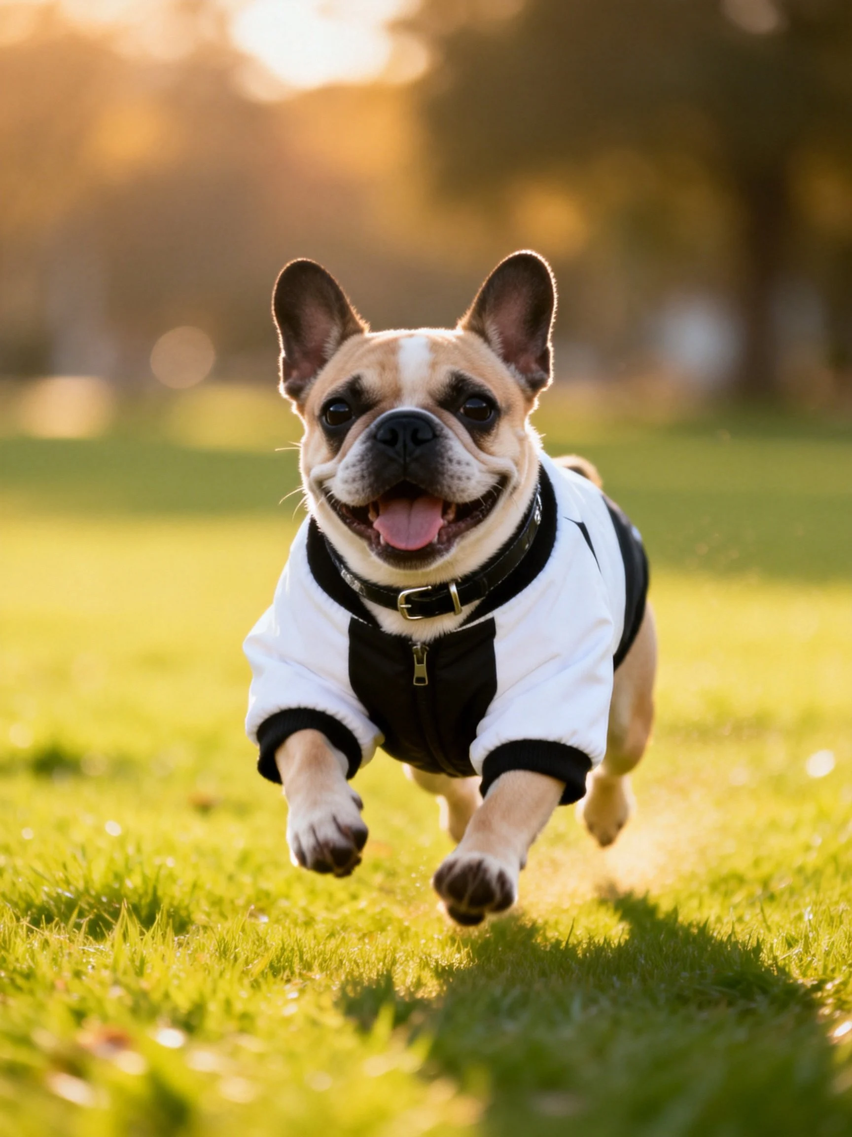 A French bulldog in a black and white jacket runs joyfully on grass.