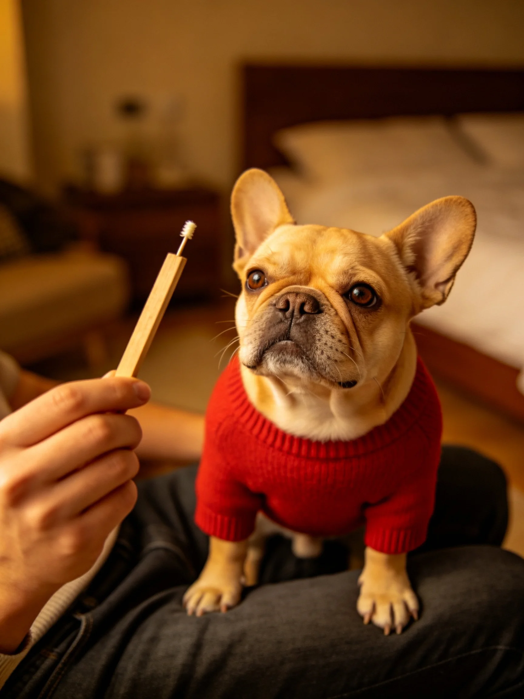 A French bulldog in a red sweater observes a wooden brush near its owner.