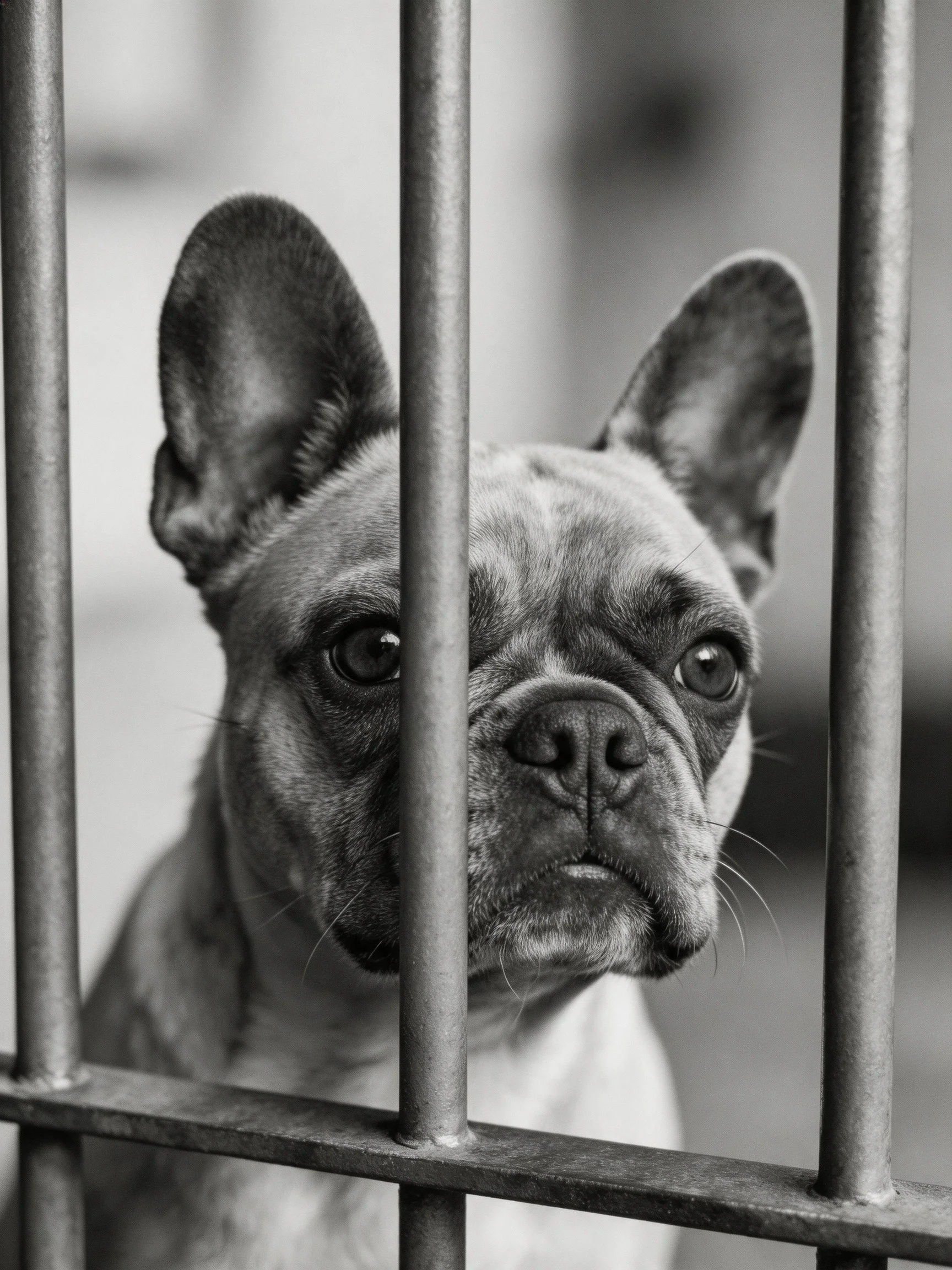 A French bulldog peers through metal bars in monochrome