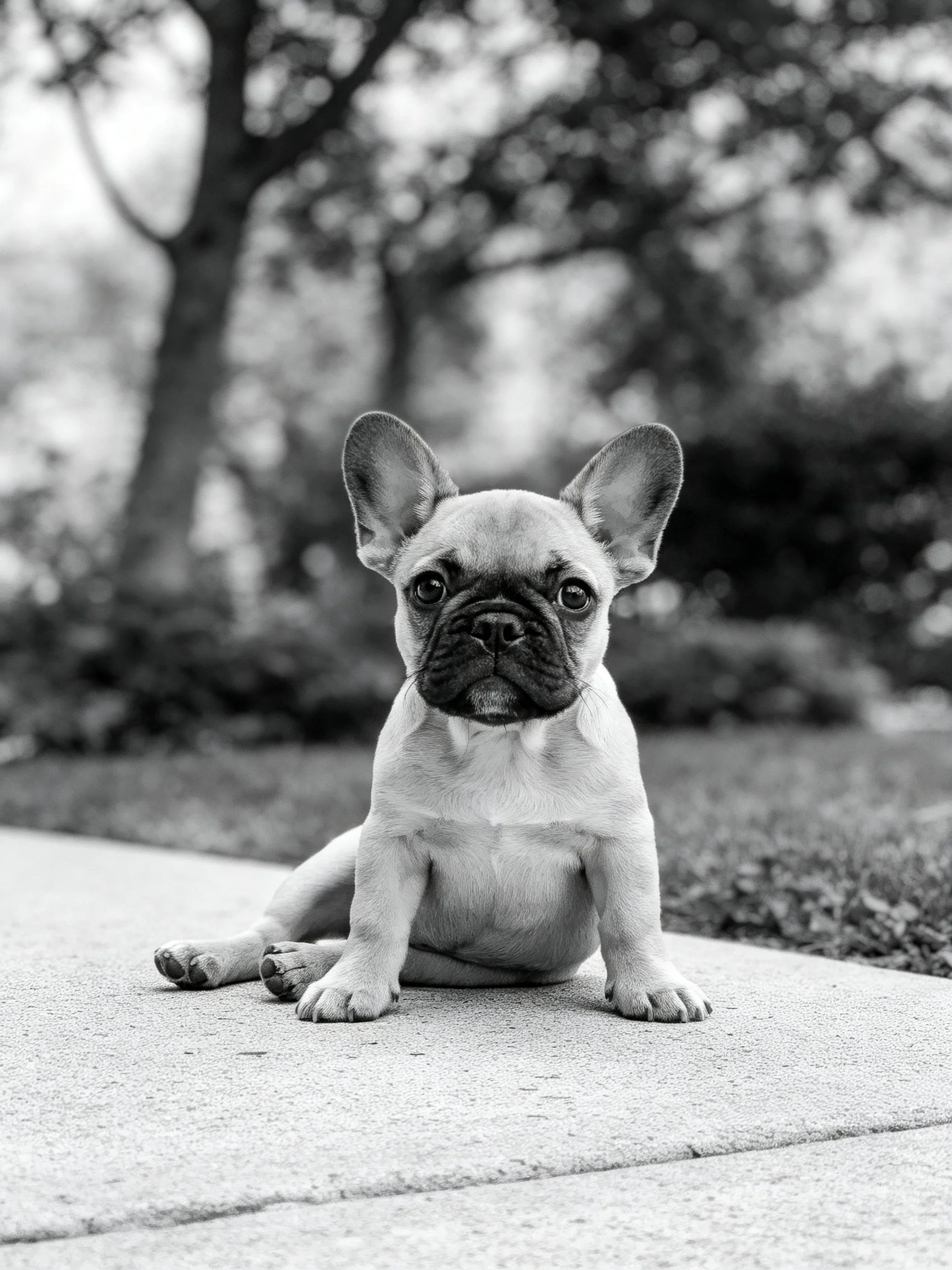 A French bulldog puppy sits calmly on a concrete path with blurred natural surroundings.