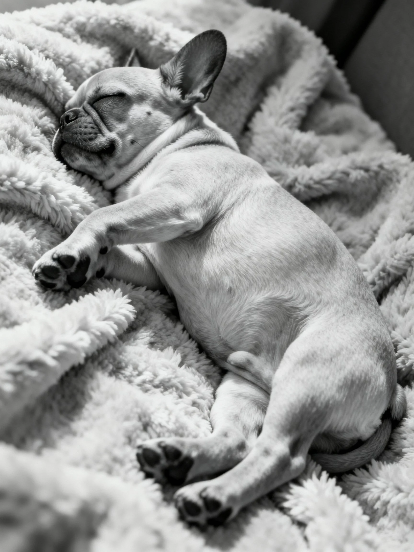 A French bulldog puppy sleeps soundly on a blanket.