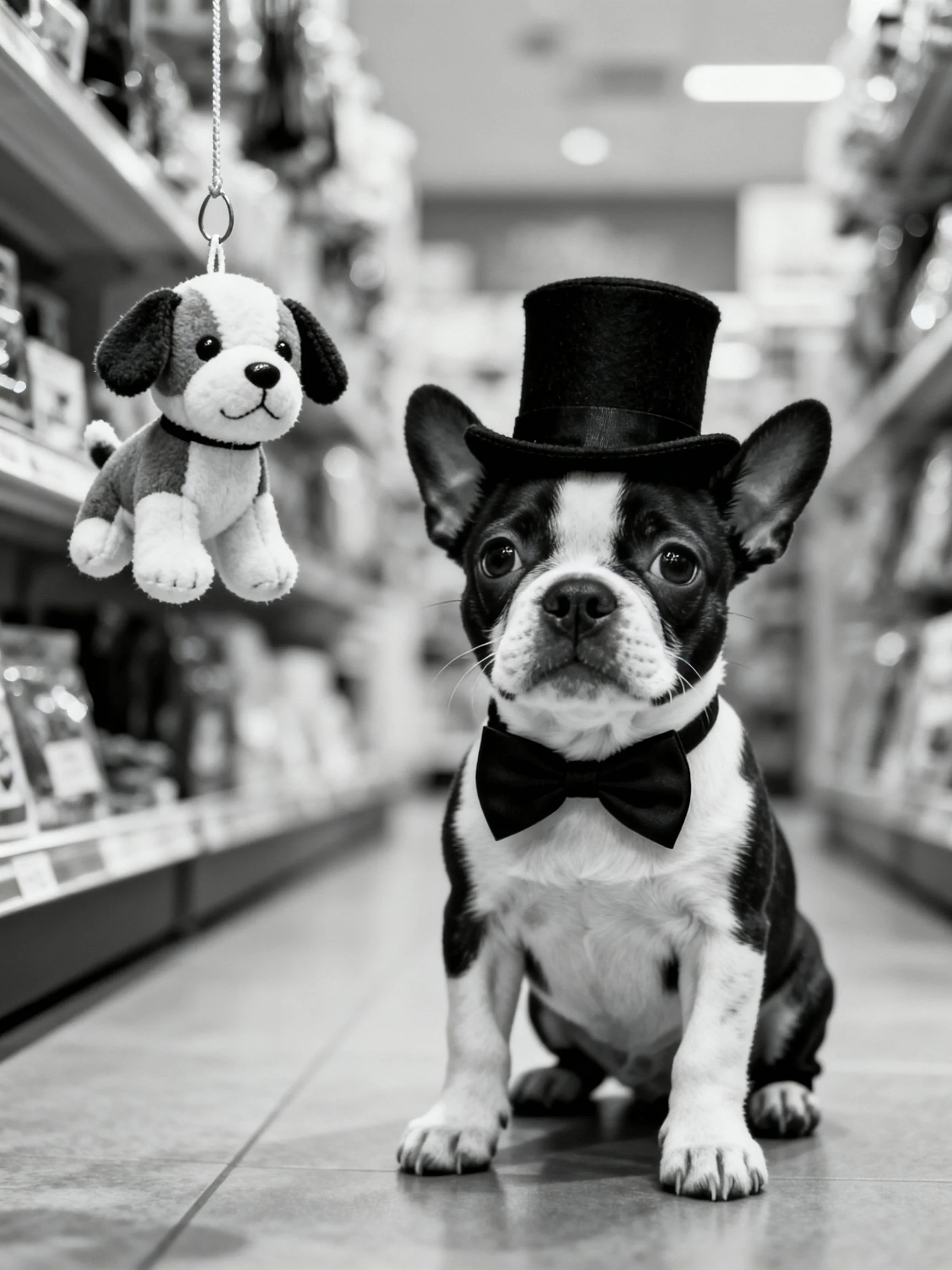 A formally dressed French bulldog puppy sits near a hanging stuffed dog toy in a store aisle.