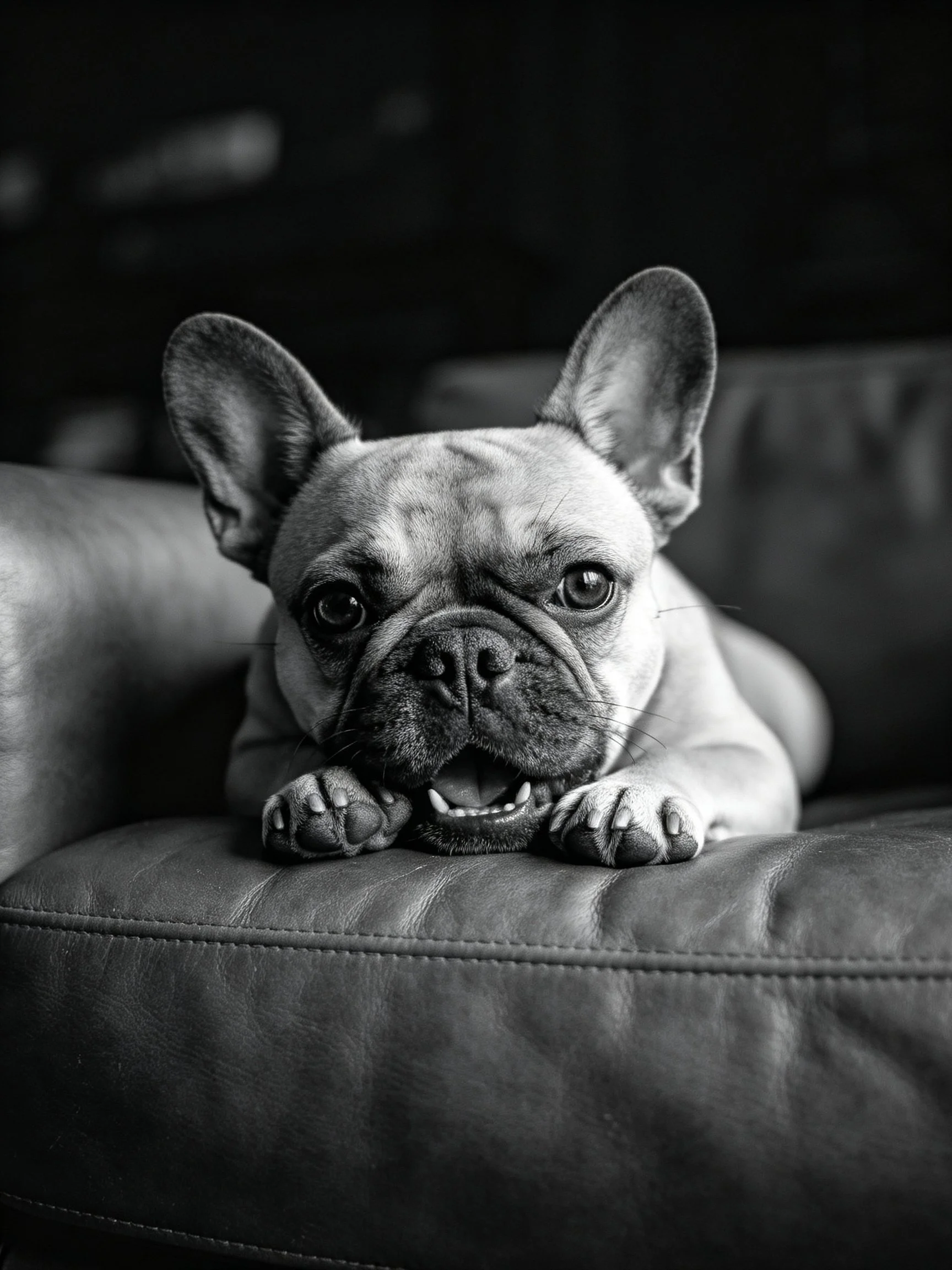 A French bulldog resting on a leather couch in black and white