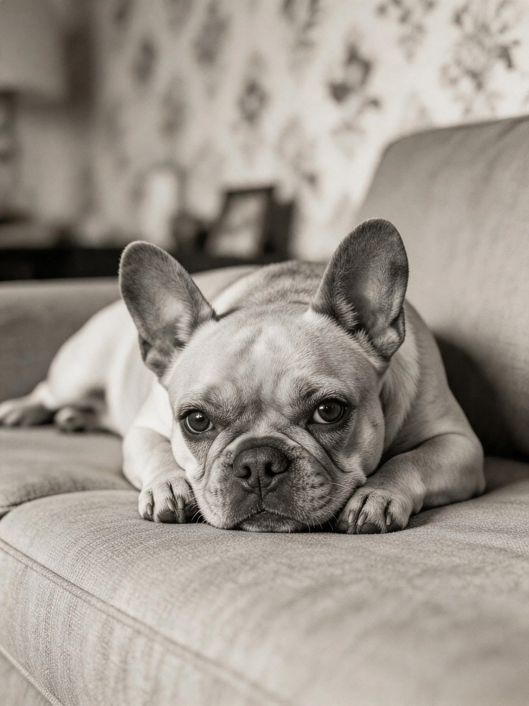 A French bulldog lies on a sofa in a monochrome room.