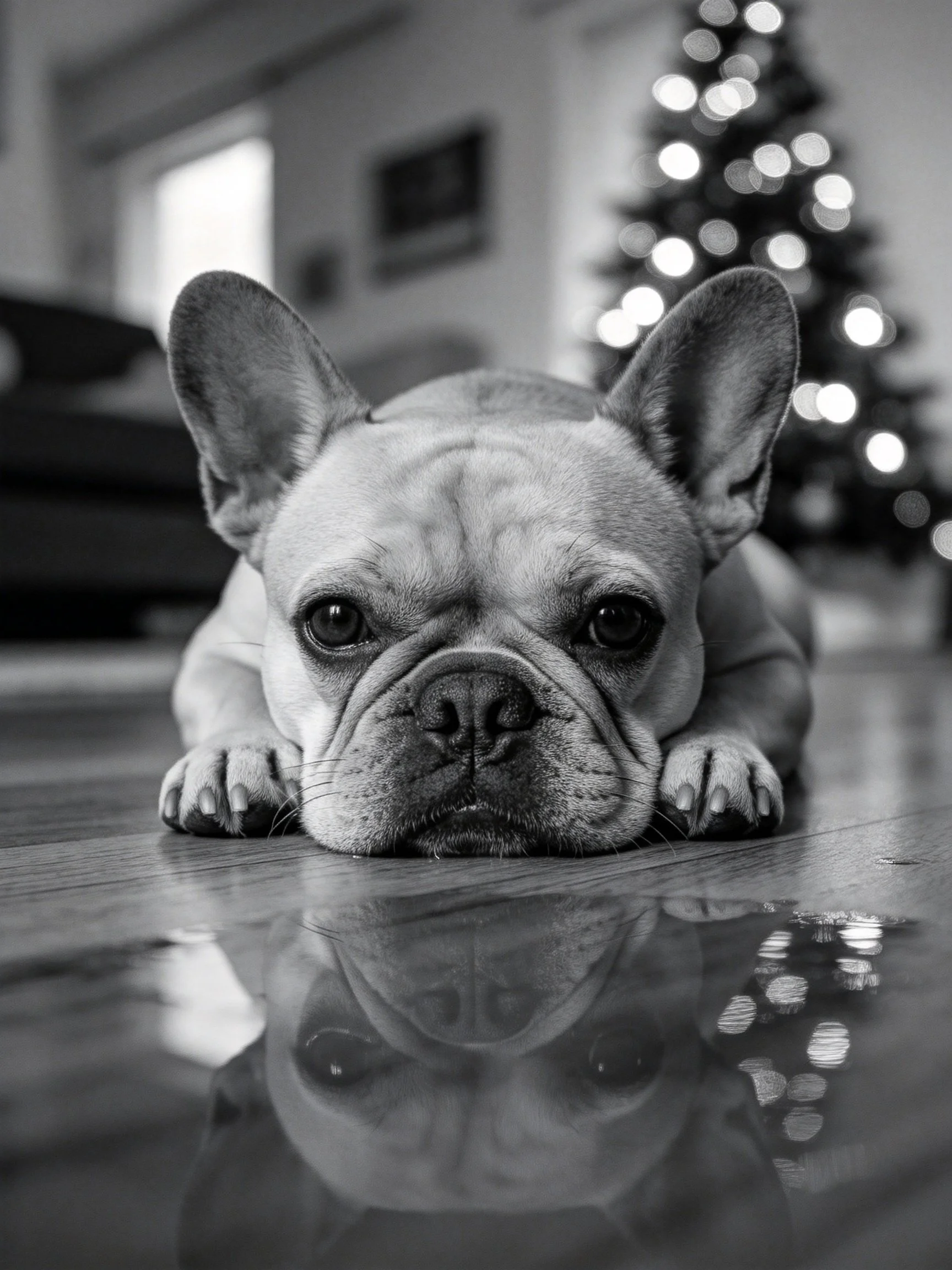 A French bulldog lies on a reflective floor next to a decorated Christmas tree in black and white.