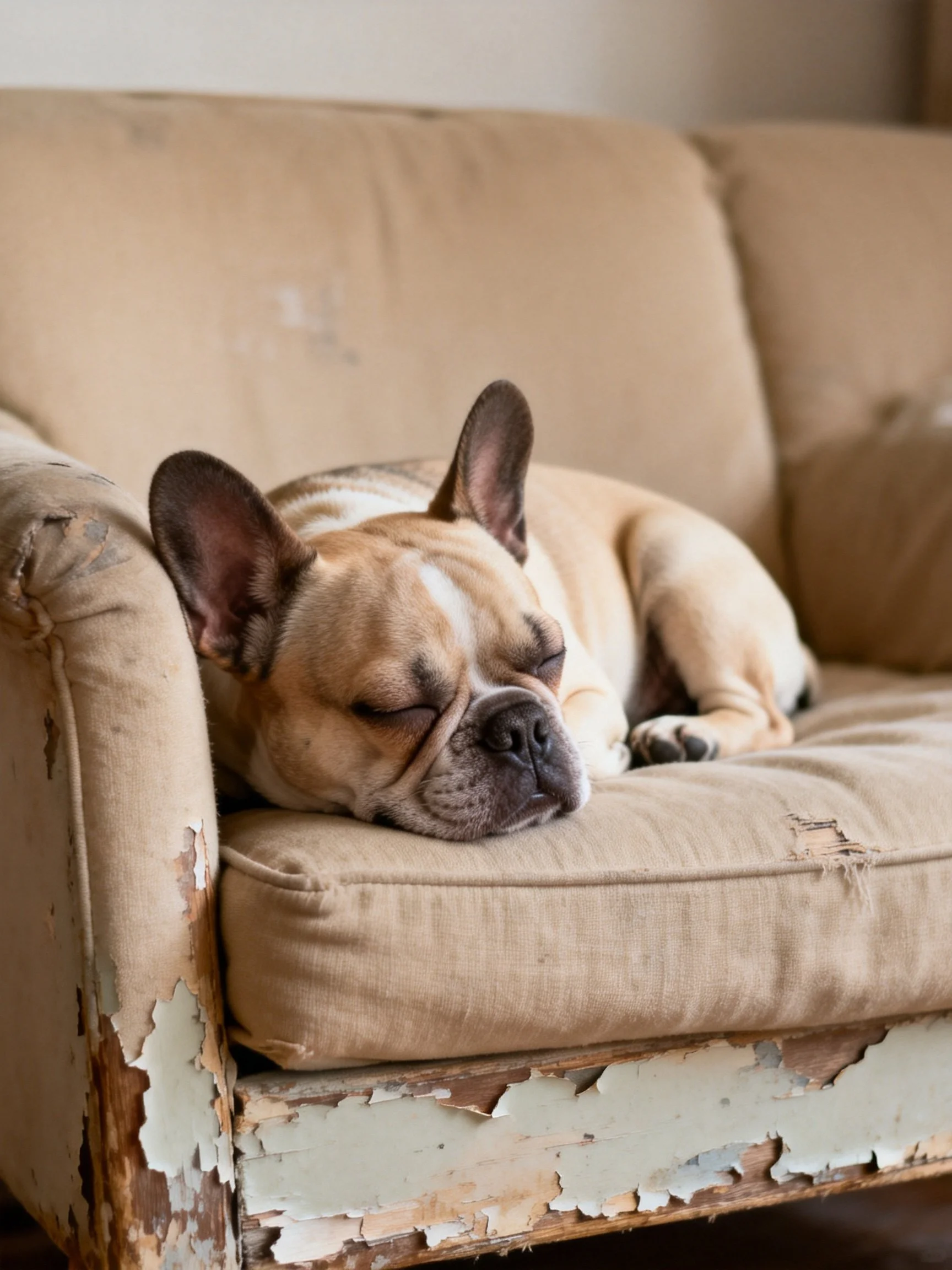 A French bulldog sleeps on a aged couch.