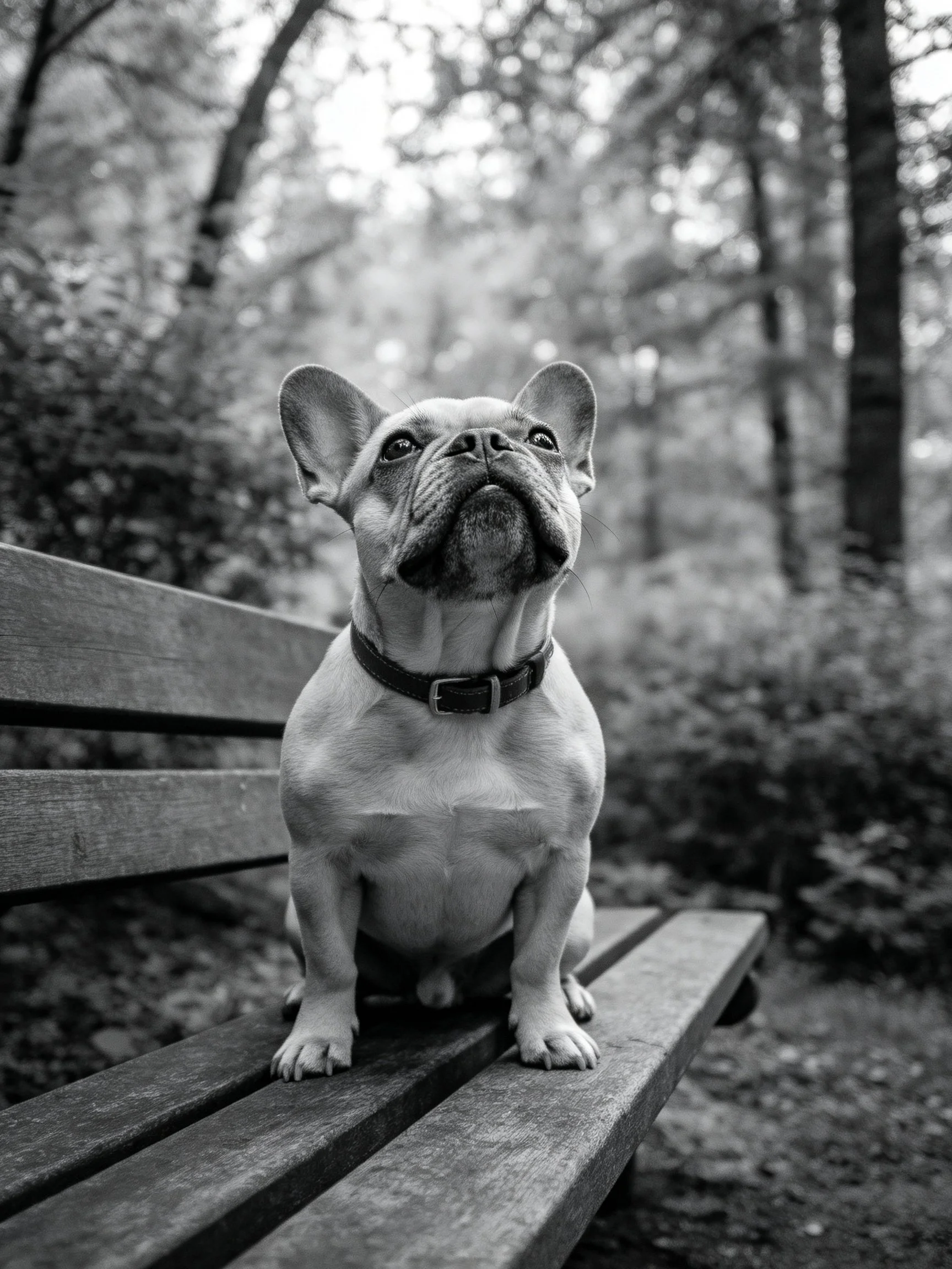 A French bulldog sits on a wooden bench in a wooded area.