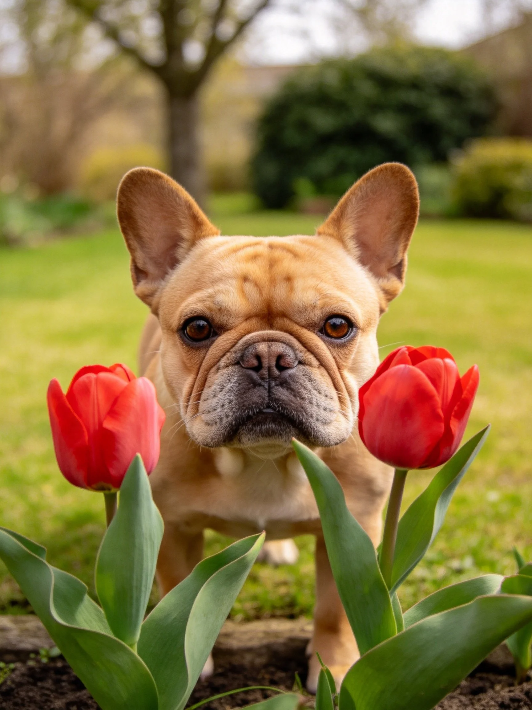 A French bulldog poses beside bright red tulips in a green garden.