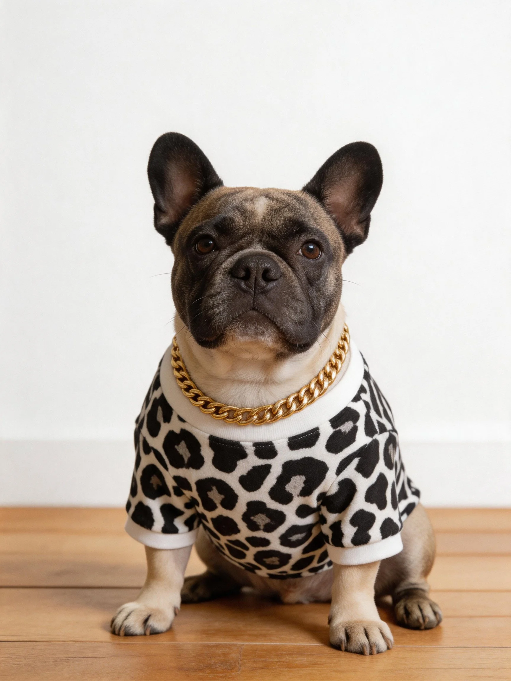 A French bulldog sits dressed in a leopard print shirt with a gold chain