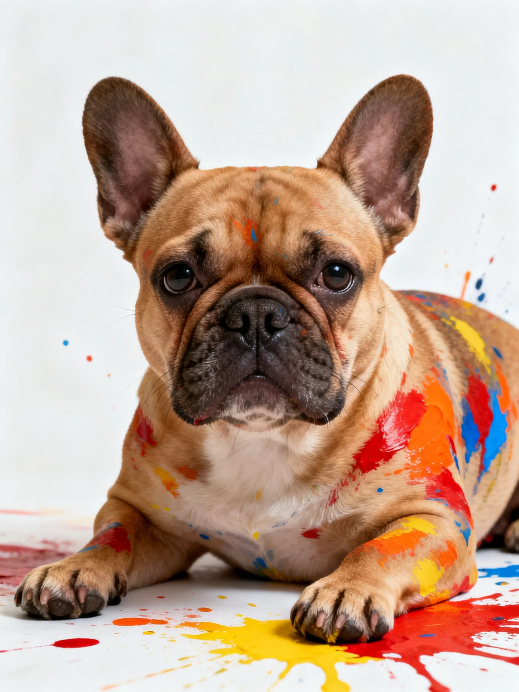 A French bulldog remains still while bright paint splatters cover its body against a plain white backdrop.