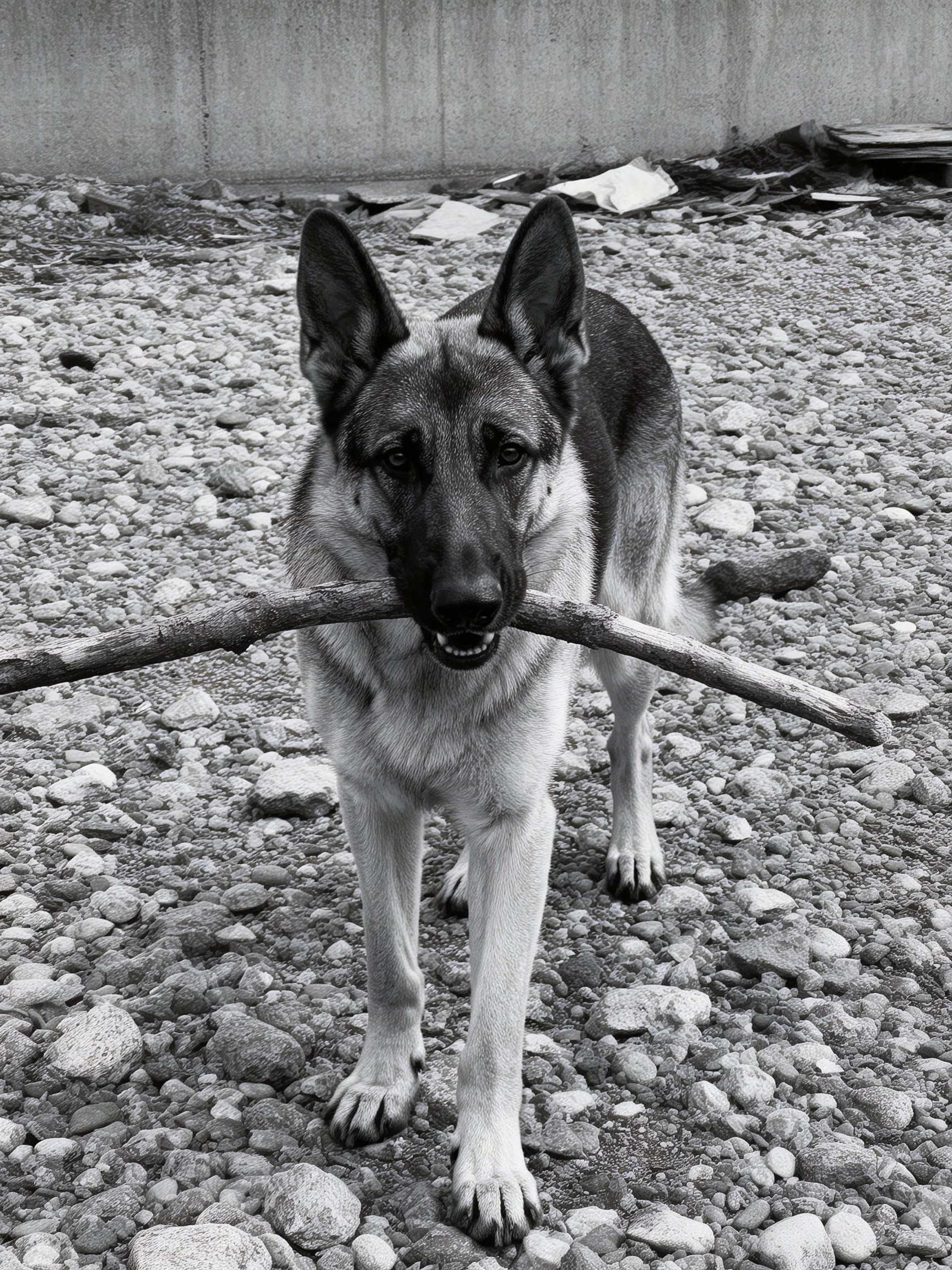 A German Shepherd Carries a Branch on Gravelly Ground