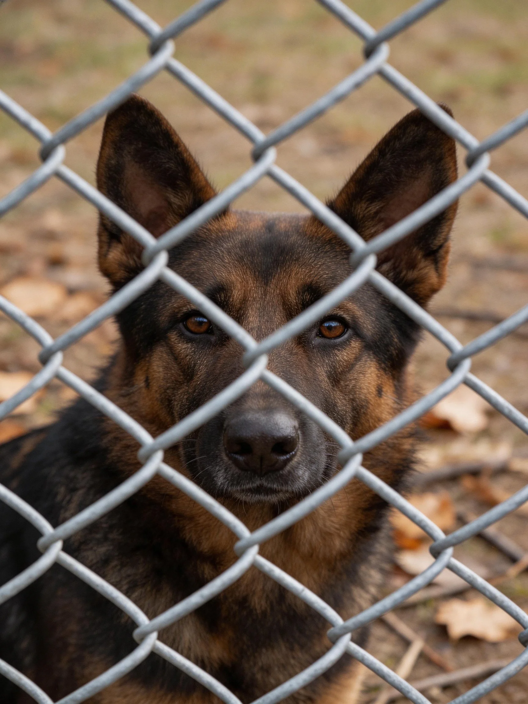 A German Shepherd dog is viewed through a chain-link fence, with its face clearly visible.