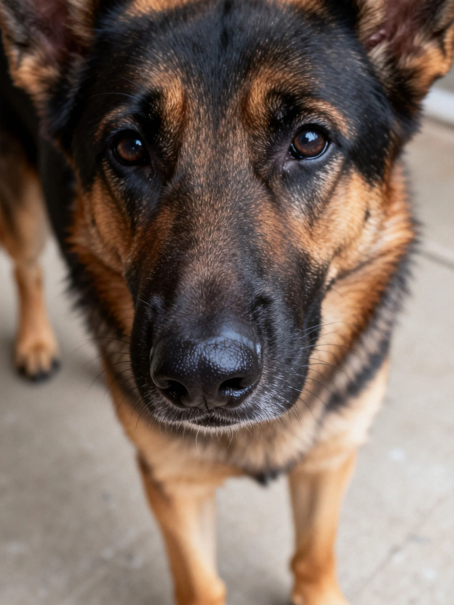 A German Shepherd dog gazes directly at the camera with prominent black and tan coloring.