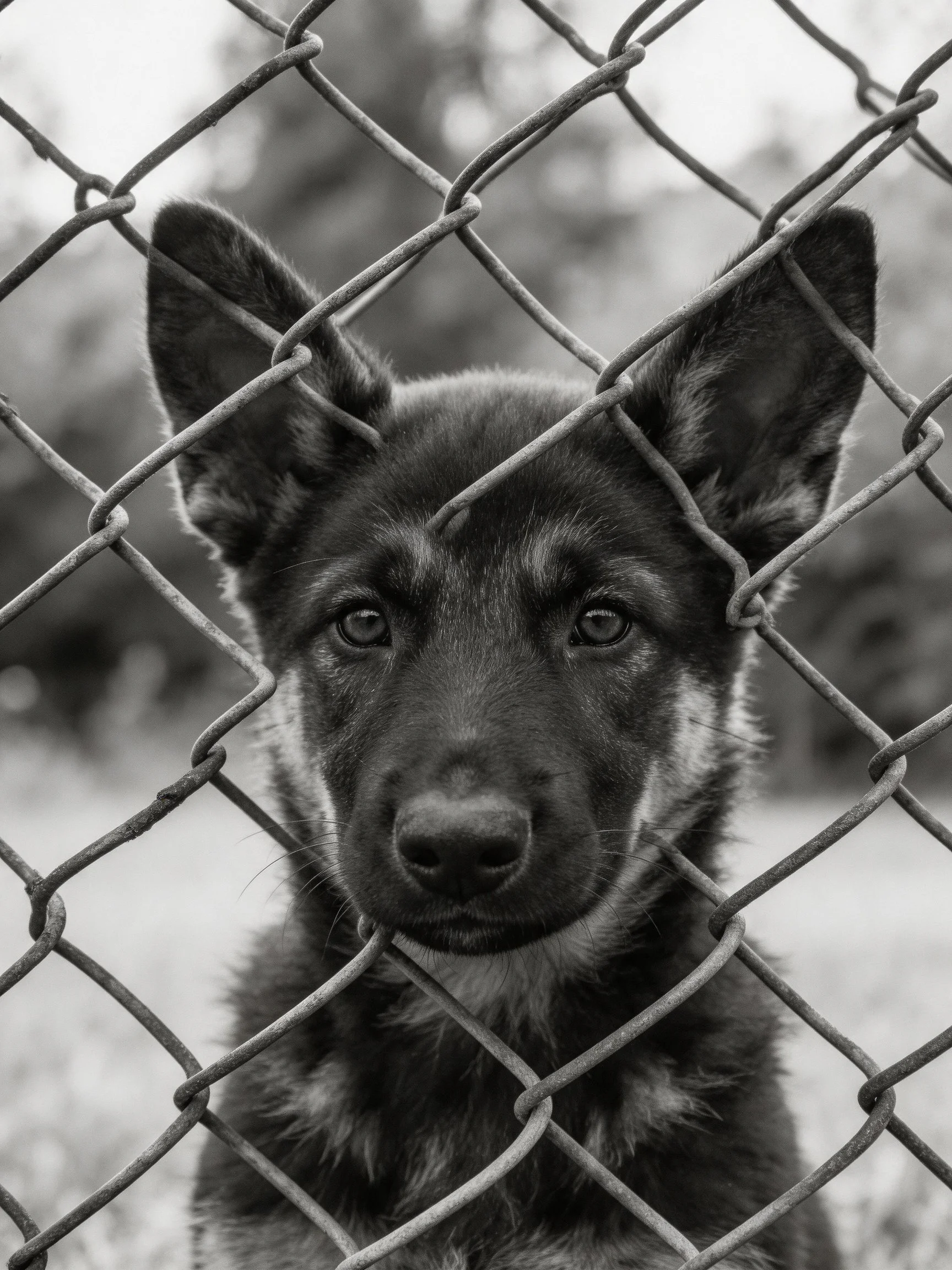 A German Shepherd Puppy Behind a Chain-LinkFence in Monochrome