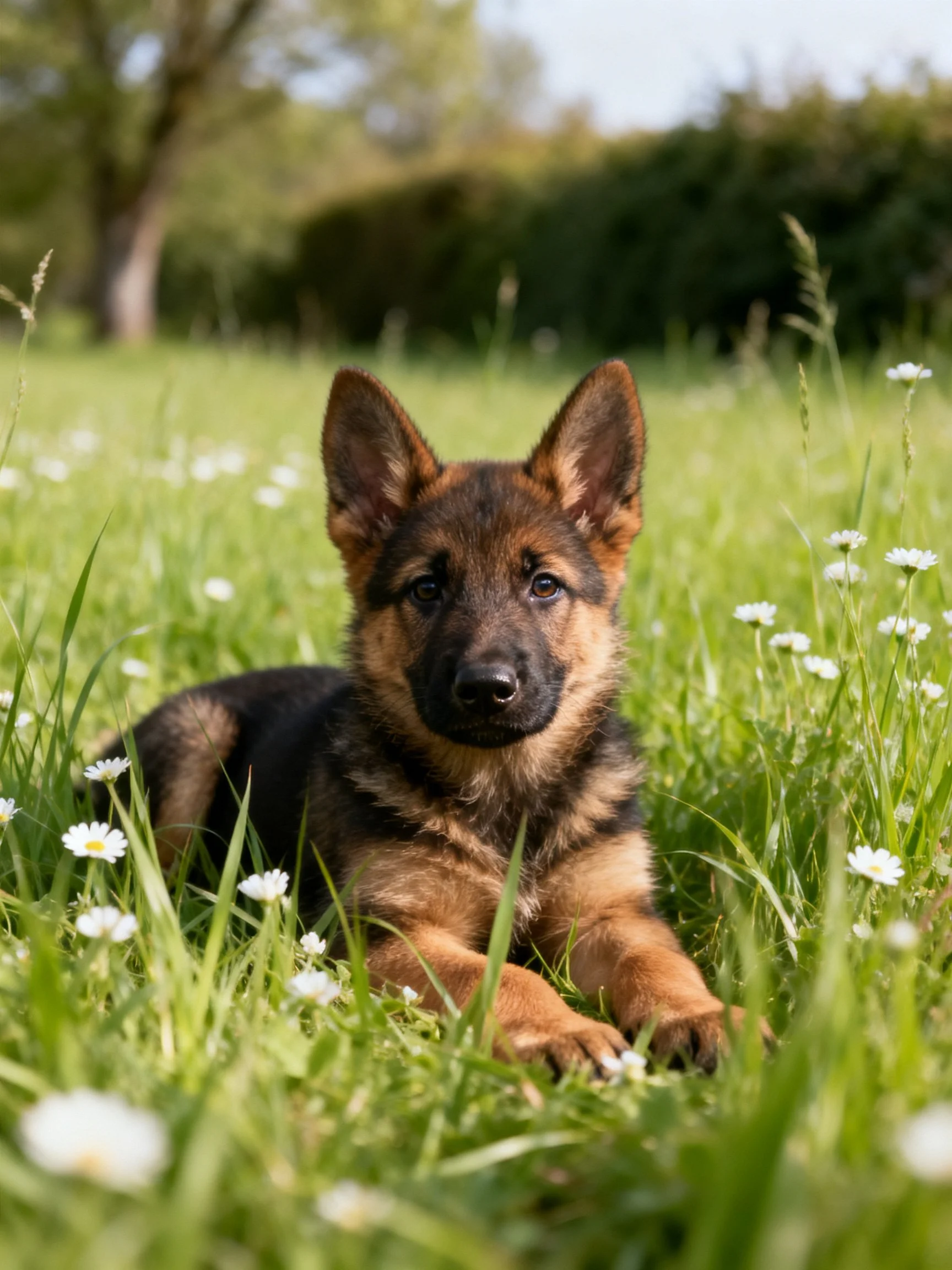 A German Shepherd Puppy Relaxing Among Lush Green Grass and White Flowers
