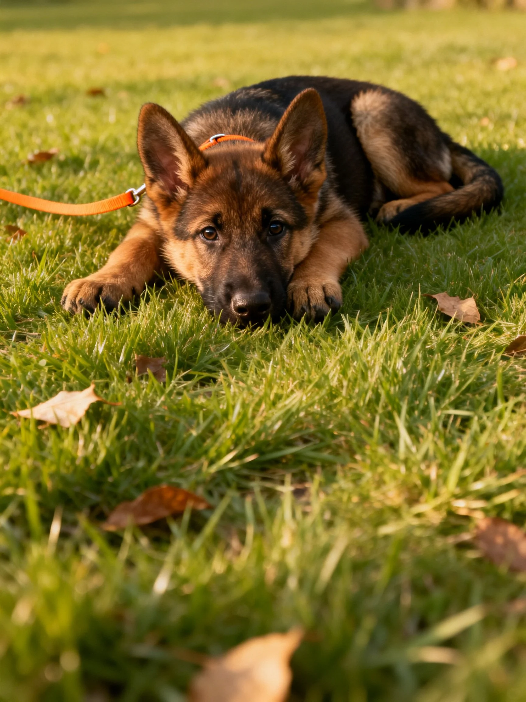 A German Shepherd puppy rests on sunlit green grass with scattered leaves.