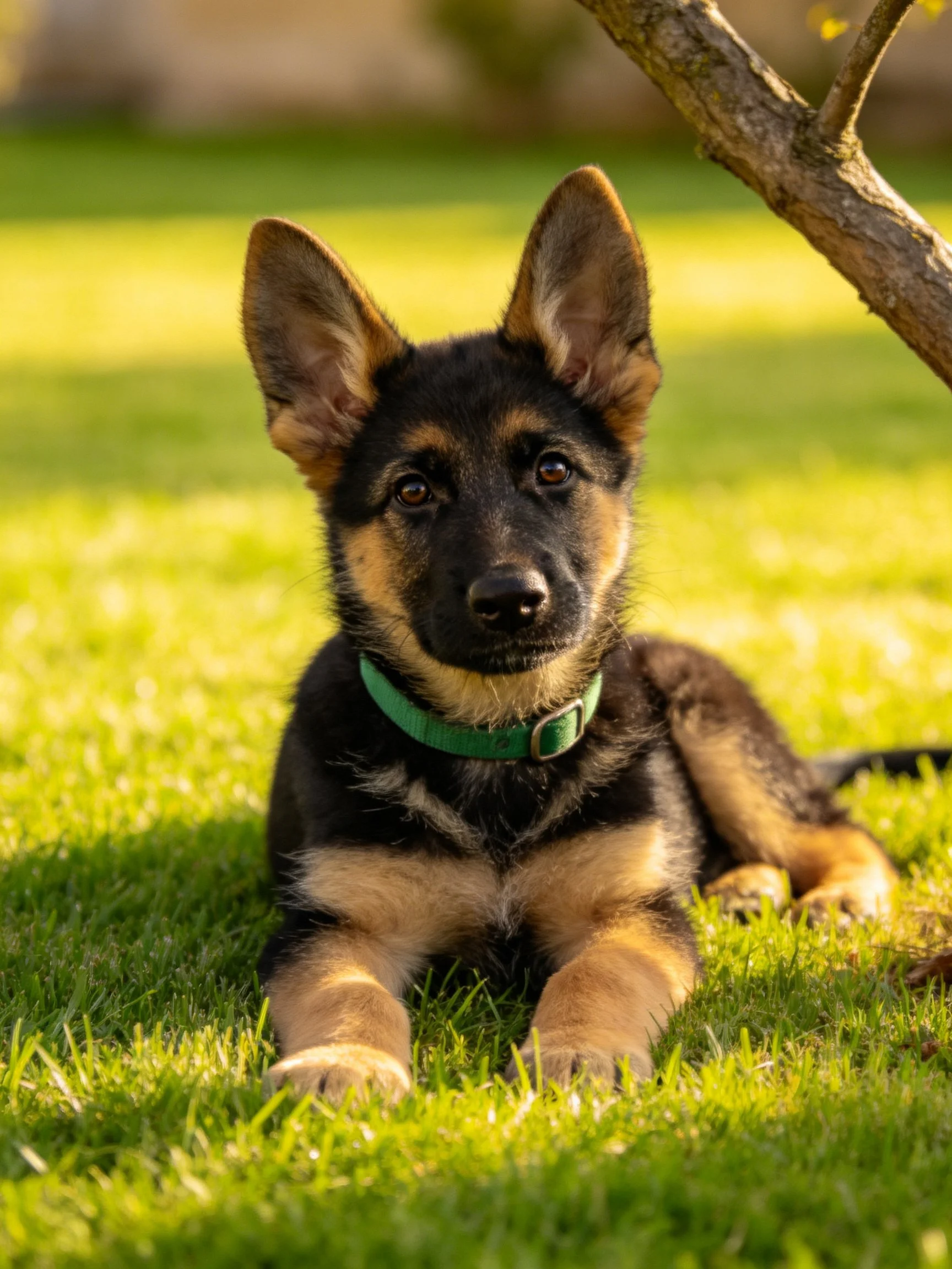 A young German Shepherd puppy relaxes on bright green grass in a sunny outdoor space.