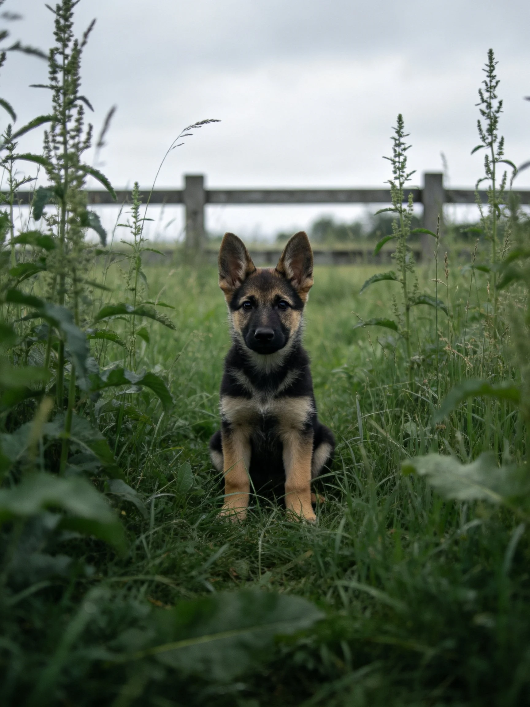 A young German Shepherd puppy sits calmly amid tall grass near a wooden fence.