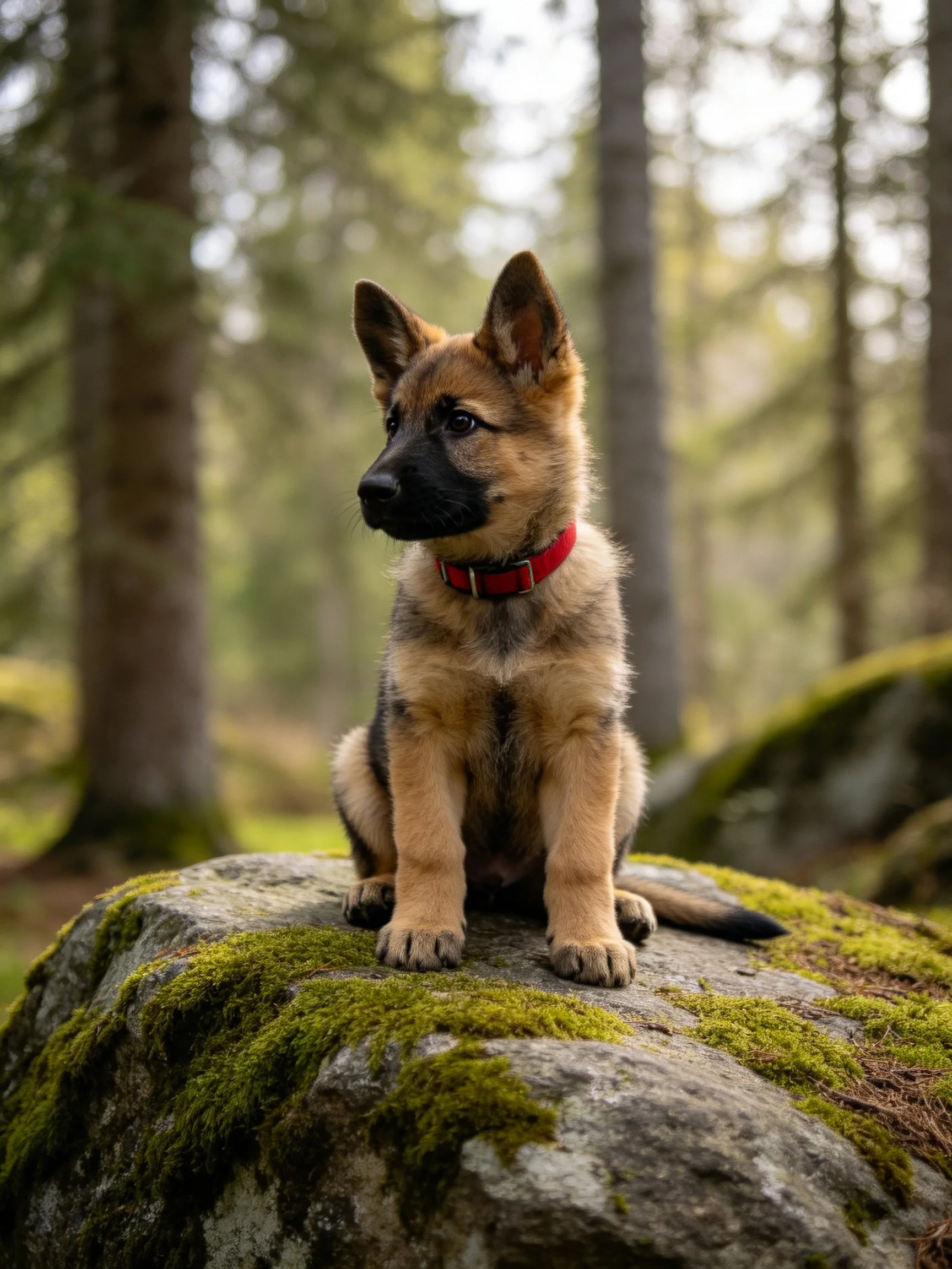 A German Shepherd Puppy on a Moss-Covered Rock in a Forest