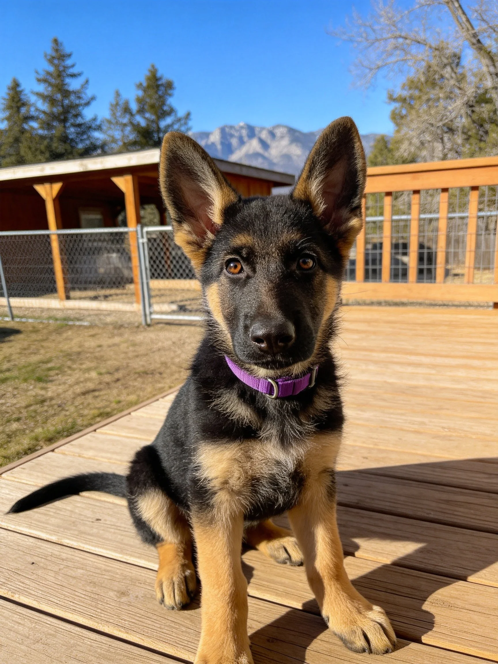 A German Shepherd Puppy with Purple Collar on Wooden Deck Outdoors