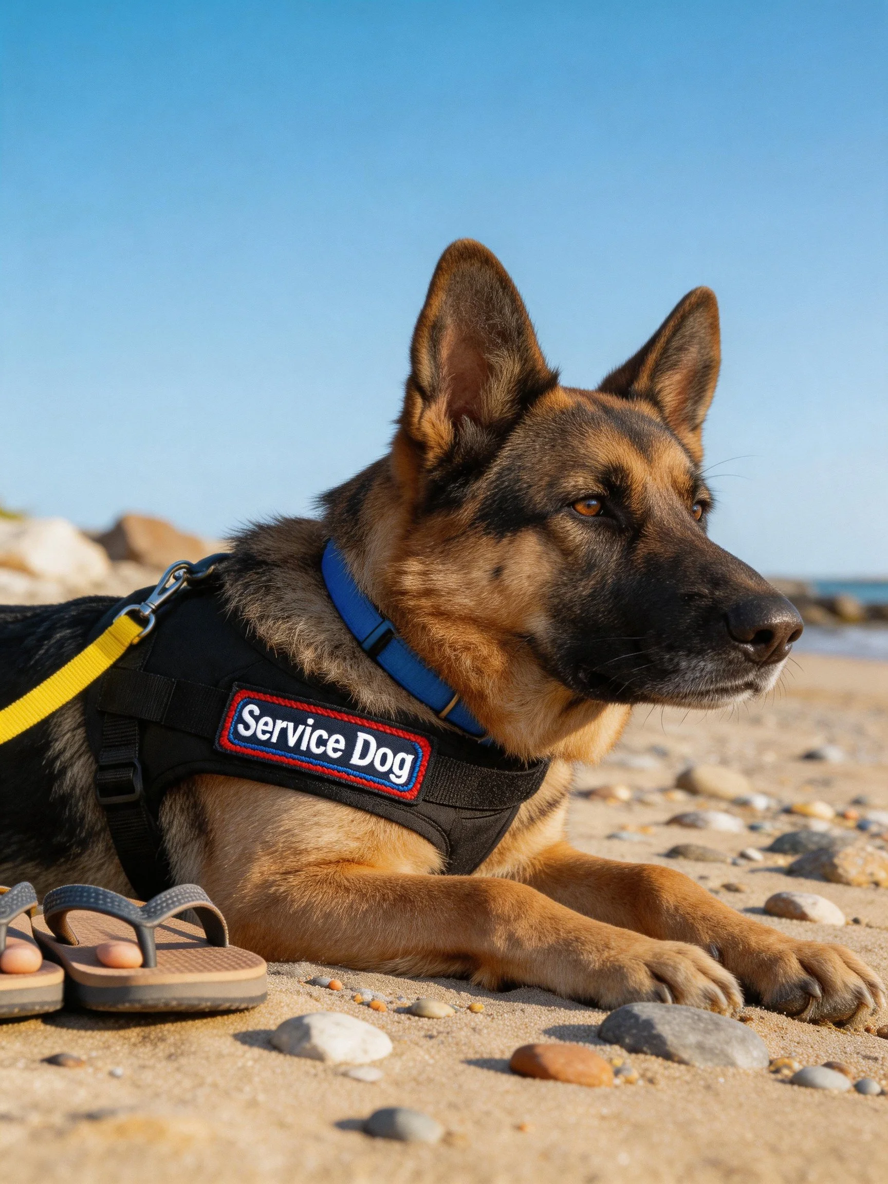 A German Shepherd service dog lies on a pebbled beach beside flip-flops.