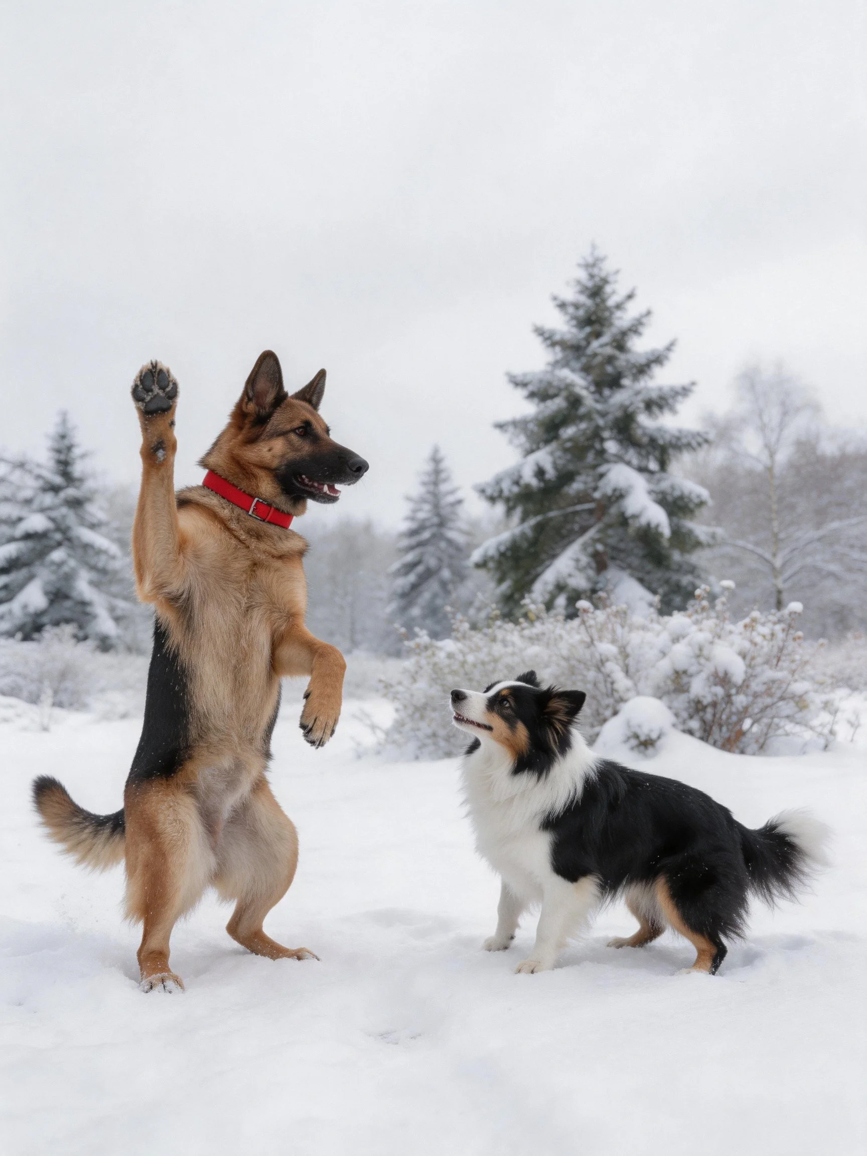 Two dogs interact playfully in a snowy winter landscape.