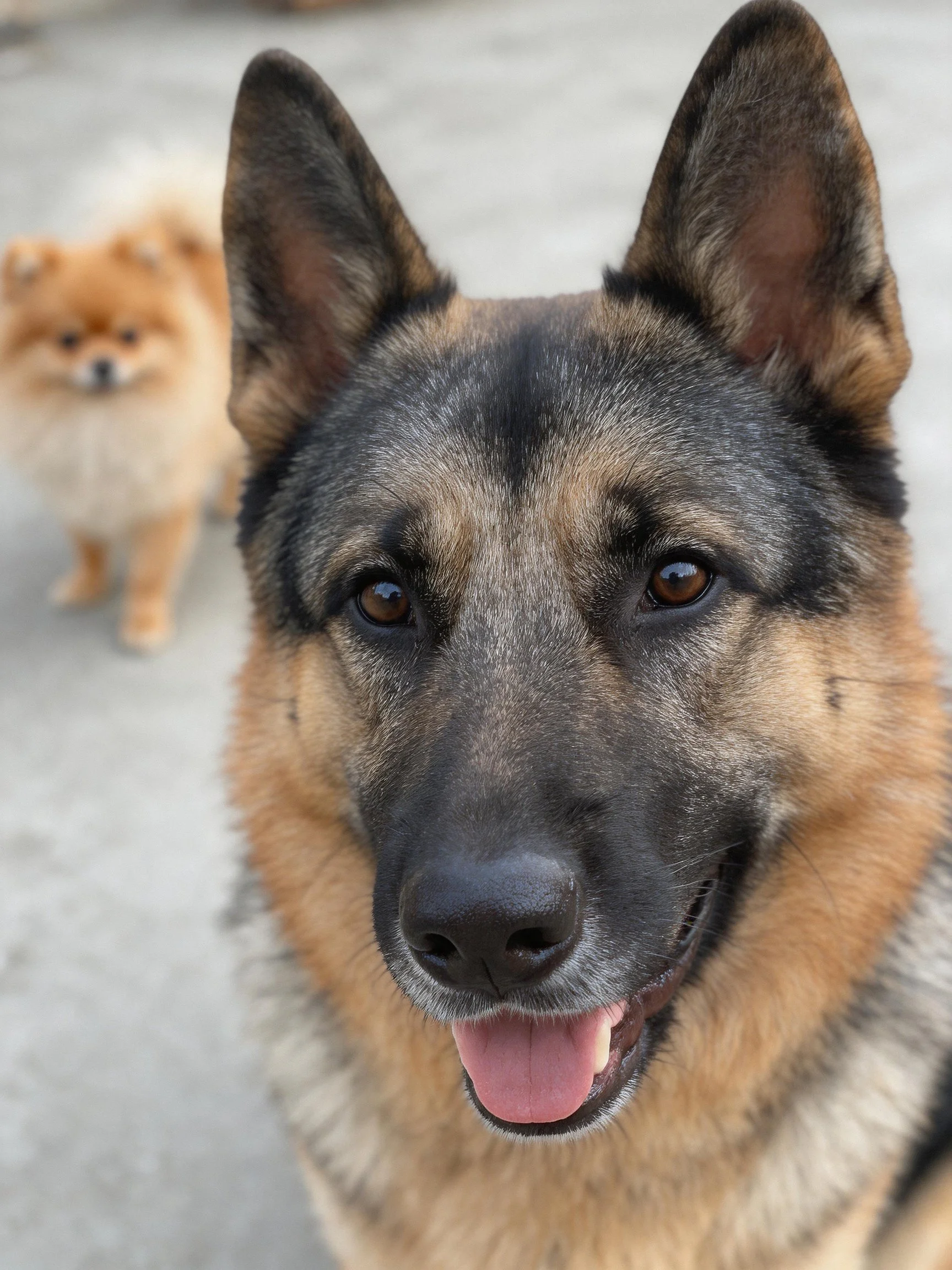 A German Shepherd and a Pomeranian on a concrete surface