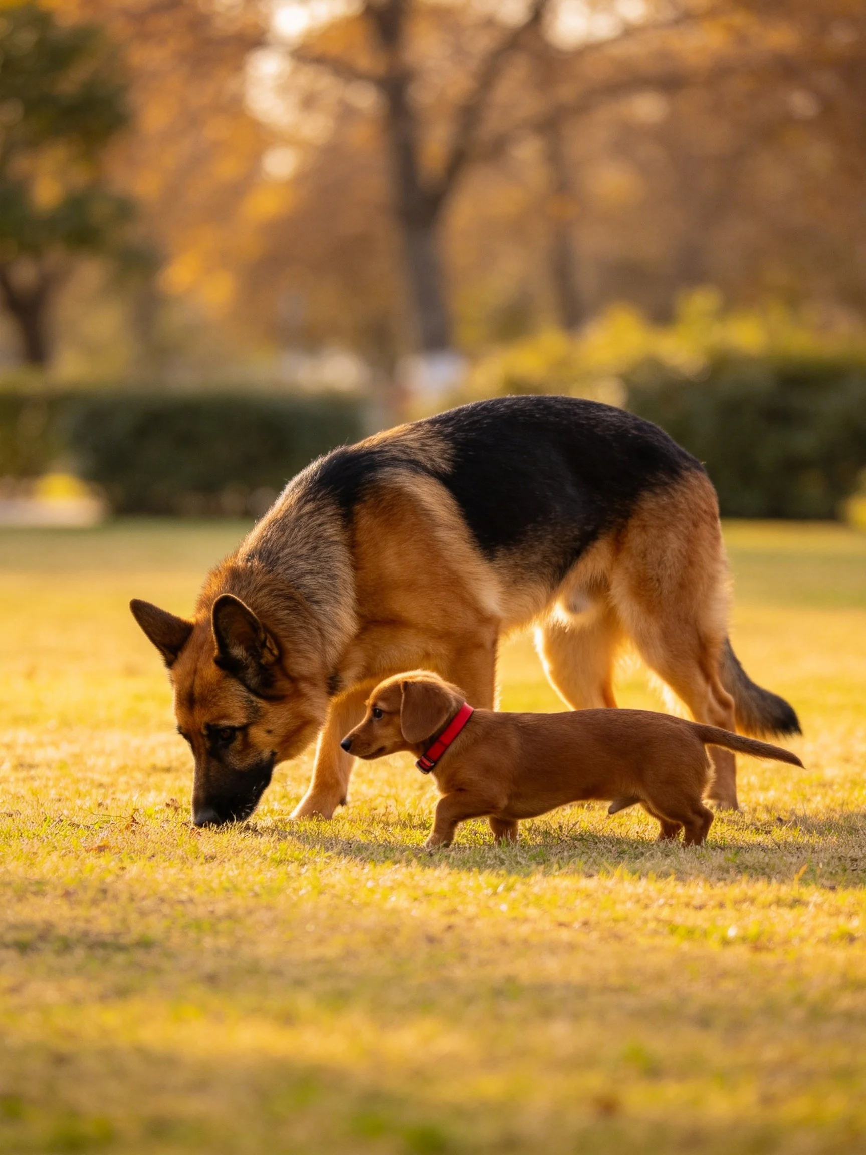 Two dogs, one large and one small, explore a sunlit grassy outdoor space together.